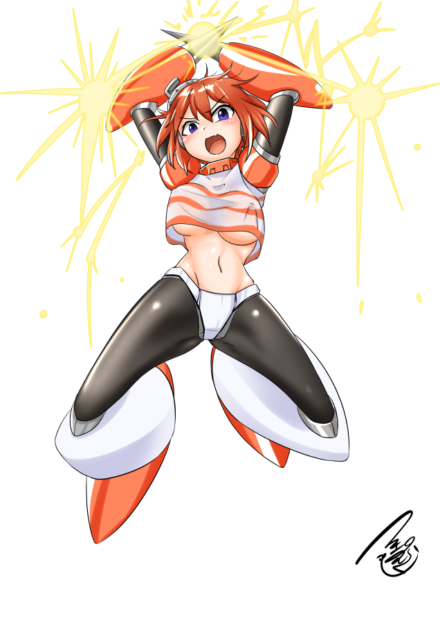 1girl arms_up blue_eyes breasts capcom charging cosplay full_body gender_request genderswap genderswap_(mtf) hand_up jump looking_at_viewer mega_man_(classic) mega_man_(series) mega_man_3 midriff navel open_mouth orange_hair robot robot_ears robot_girl spark_man sparks underboob