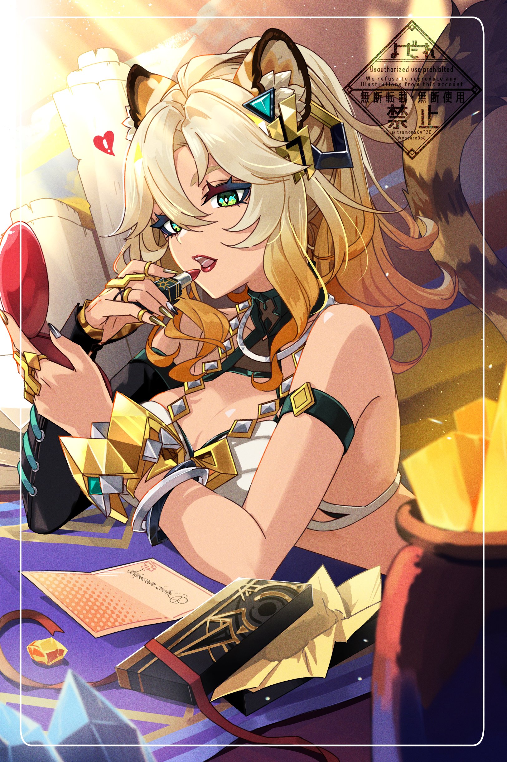 1girl absurdres animal_ear_fluff animal_ears applying_makeup arm_strap bare_shoulders blonde_hair box bracelet breasts crop_top crystal detached_sleeves gem genshin_impact gift gift_box green_eyes hair_ornament hand_mirror heart highres itsumono_katze jaguar_ears jaguar_girl jaguar_tail jewelry lipstick makeup medallion medium_hair mirror multicolored_hair multiple_rings nail_polish open_mouth orange_hair red_lips ring scroll single_detached_sleeve slit_pupils tail tan upper_body xilonen_(genshin_impact)