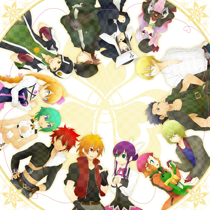 10s 6+girls amata_sora andy_w_hall aquarion_(series) aquarion_evol blonde_hair blue_eyes bow brown_eyes brown_hair cayenne_suzushiro crea_dorosera dress glasses gloves green_eyes green_hair hair_ribbon hat jin_musou juufuu&amp;hiori kagura_demuri mikono_suzushiro mix_(aquarion) multiple_boys multiple_girls orange_hair purple_eyes purple_hair red_hair ribbon shrade_elan thread yellow_eyes yunoha_thrul zessica_wong