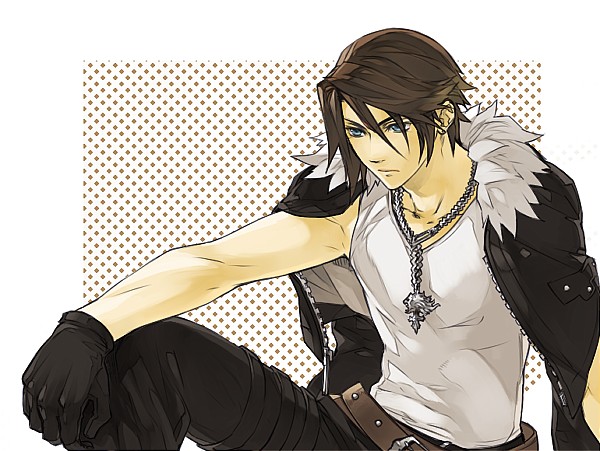 1boy arm_on_knee belt black_footwear black_gloves black_jacket black_pants blue_eyes brown_belt brown_hair chain chain_necklace commentary_request cropped_jacket dated_commentary expressionless final_fantasy final_fantasy_viii fur-trimmed_jacket fur_trim gloves hinokami jacket jacket_on_shoulders jewelry knee_up looking_to_the_side male_focus multiple_belts necklace open_clothes open_jacket pants pendant polka_dot polka_dot_background shirt short_hair sitting sleeveless sleeveless_shirt solo squall_leonhart studded_belt thigh_strap toned toned_male upper_body v-neck white_fur white_shirt