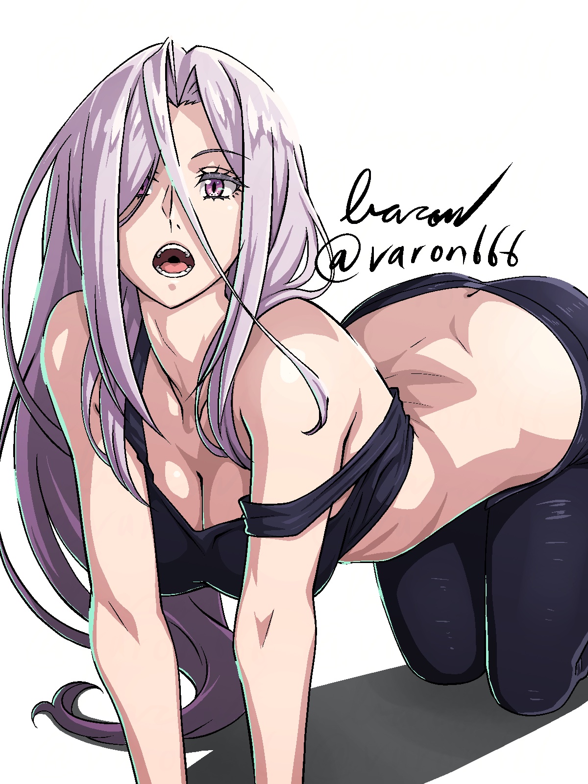 1girl baron_(varon666) bent_over breasts cleavage fuuto_tantei highres kamen_rider kamen_rider_w large_breasts long_hair looking_at_viewer midriff open_mouth purple_eyes purple_hair solo tokime_(fuuto_tantei) varon
