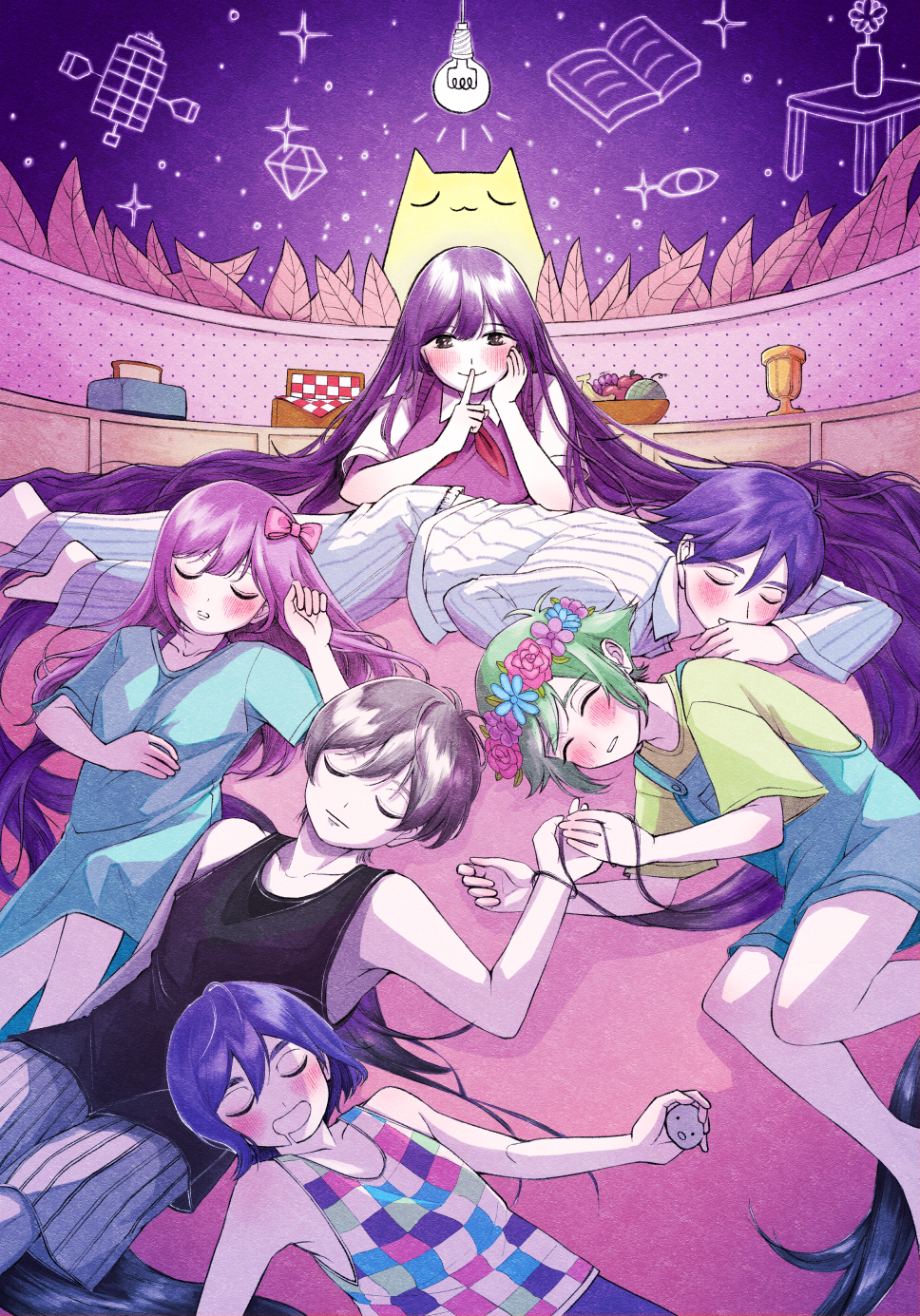 2girls 4boys apple aubrey_(headspace)_(omori) aubrey_(omori) banana basil_(headspace)_(omori) basil_(omori) big_yellow_cat_(omori) black_hair black_tank_top blue_overalls blue_shirt bow bread bread_slice closed_eyes closed_mouth collared_shirt colored_skin finger_to_mouth food fruit grapes green_hair hair_bow hamcue head_wreath hero_(headspace)_(omori) hero_(omori) highres index_finger_raised kel_(headspace)_(omori) kel_(omori) light_bulb long_hair long_shirt long_sleeves mari_(headspace)_(omori) mari_(omori) multiple_boys multiple_girls neckerchief omori omori_(omori) open_mouth overall_shorts overalls pajamas parted_lips pet_rock picnic_basket pink_bow purple_eyes purple_hair purple_sweater_vest red_neckerchief shirt short_hair short_sleeves shorts sleeping sweater_vest t-shirt tank_top toast toaster white_shirt white_shorts white_skin yellow_shirt