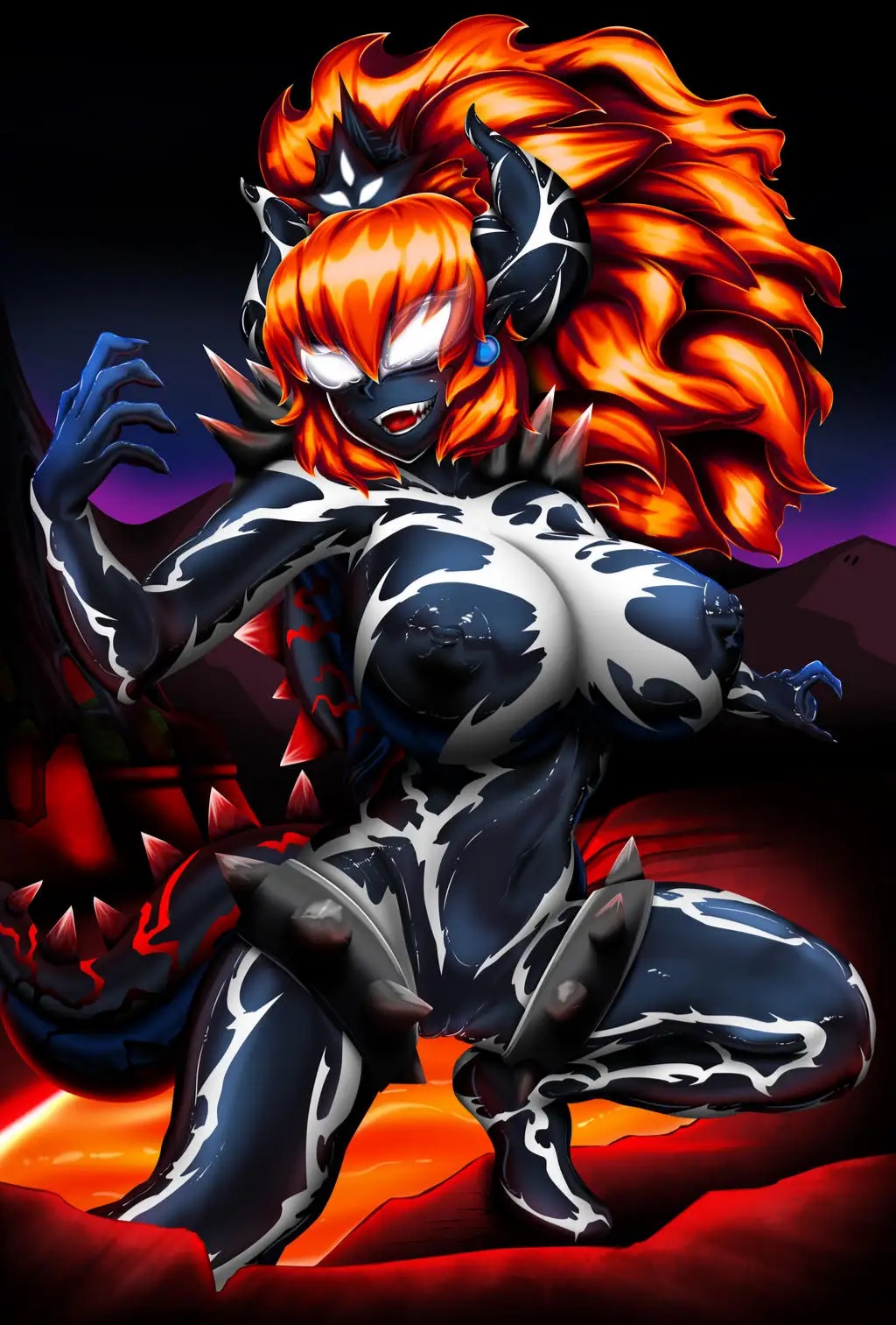 1girl bowser bowsette cleft_of_venus corruption dragon_girl dragon_horns earrings fury_bowser highres horns jewelry klyntar long_hair mario_(series) marvel lava nintendo nipples no_pupils nude orange_hair outdoors ponytail pussy rikatsuky sharp_teeth solo spikes super_crown super_mario_3d_world symbiote teeth turtle_shell venom_(marvel) very_long_hair volcano