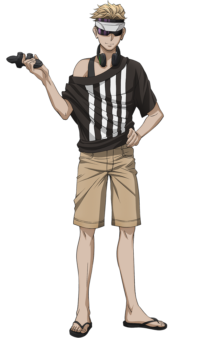 1boy beige_shorts black_shirt blonde_hair closed_mouth dead_mount_death_play glasses hand_up headphones highres kuruya_takumi long_hair looking_at_viewer shirt smile solo transparent_background two-tone_shirt white_shirt