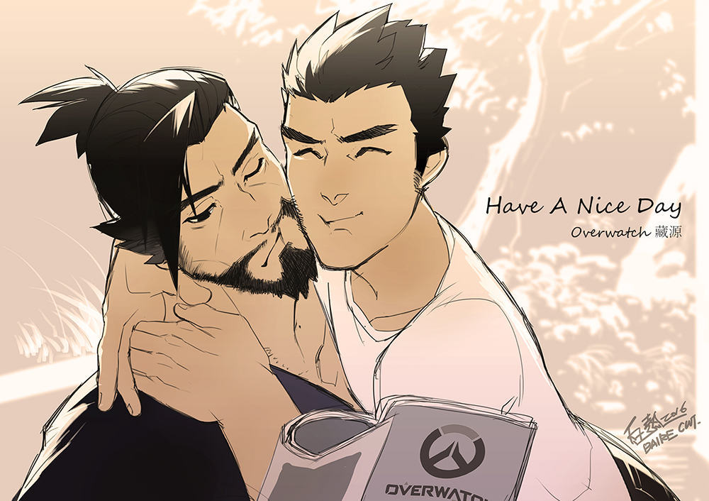 2boys baire brothers facial_hair family genji_(overwatch) hanzo_(overwatch) hug male_focus multiple_boys overwatch overwatch_1 siblings smile