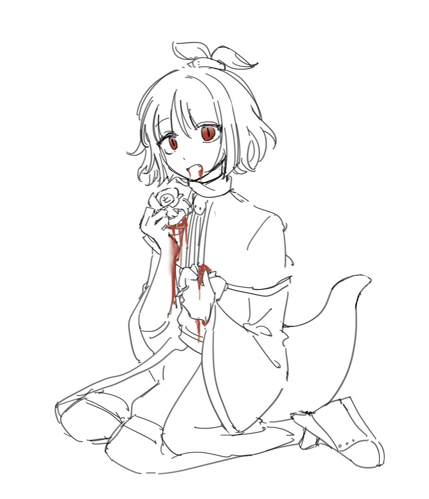 2others adagumo_no_saragimaru androgynous blood blood_from_mouth blood_on_hands blunt_bangs buttons capelet chinese_commentary closed_mouth collared_socks commentary_request death decapitation fangs fangs_out frilled_hat frills frown hair_ornament hat high_ponytail holding_detached_head hood hood_down hooded_jacket jacket japanese_clothes len&#039;en lineart long_sleeves looking_at_viewer mini_person mob_cap multiple_others other_focus ponytail puffy_shorts red_eyes sandals scarf shirt shitodo_kuroji short_hair short_ponytail shorts simple_background sitting size_difference sketch slit_pupils snake_hair_ornament snake_tail socks solo_focus split_ponytail spot_color tail triangle_brooch wariza white_background wide_sleeves x_x xiao_ganju_nailuo