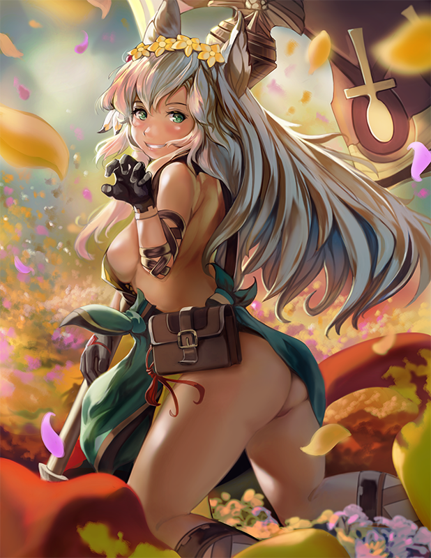10s 1girl animal_ears ass axe black_gloves blush breasts claw_pose comic-z dark-skinned_female dark_skin erune female_focus flower from_behind gloves granblue_fantasy green_eyes hair_flower hair_ornament kneeling long_hair looking_at_viewer looking_back medium_breasts nemone sideboob silver_hair smile solo weapon