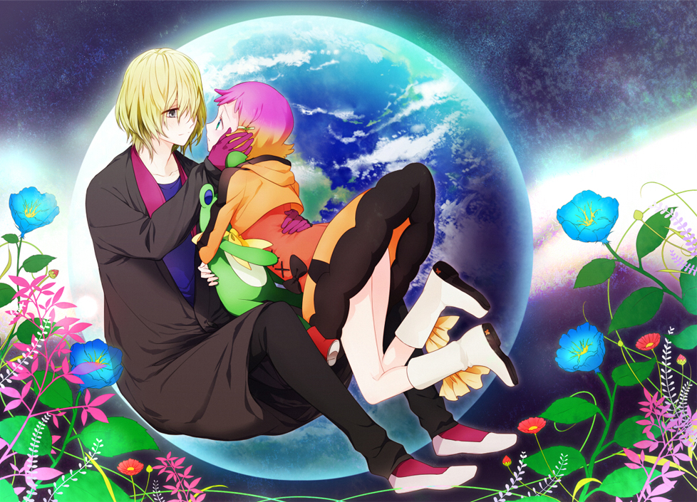 10s aquarion_(series) aquarion_evol blonde_hair boots cropped_jacket earth_(planet) flower gloves gradient_hair hair_over_one_eye jin_musou multicolored_hair orange_hair purple_hair saku_(pixiv526117) skirt yunoha_thrul
