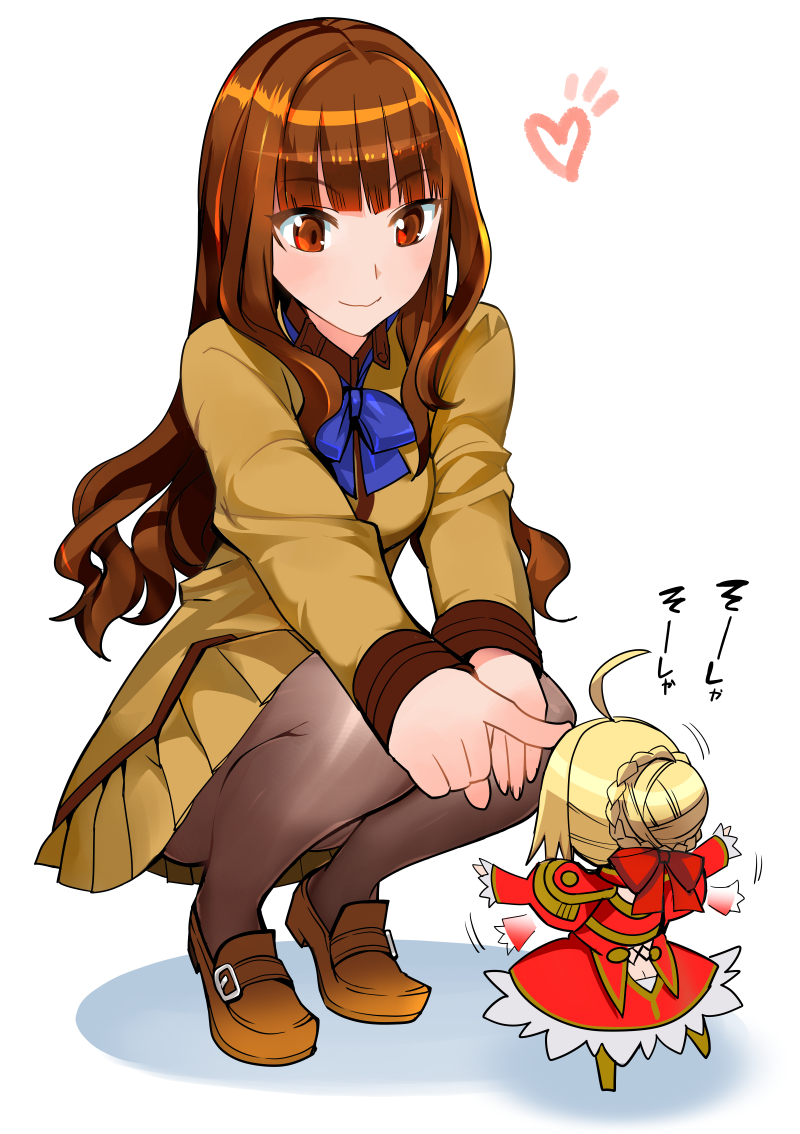 10s 2girls :&gt; ahoge blonde_hair blue_bow blue_bowtie blush bow bowtie brown_eyes brown_hair fate/extra fate/extra_ccc fate_(series) kishinami_hakuno_(female) loafers long_hair mini_person minigirl multiple_girls nero_claudius_(fate) nero_claudius_(fate/extra) pantyhose pleated_skirt poking red_eyes robina school_uniform serafuku shoes simple_background skirt smile white_background