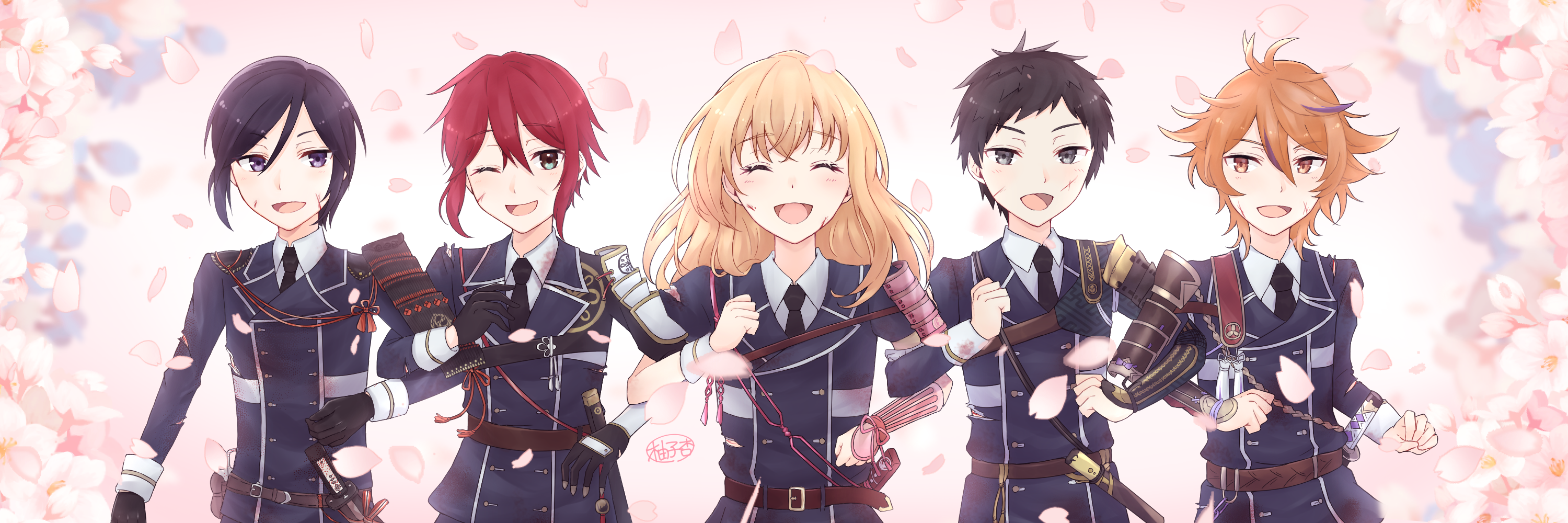 10s 5boys :d ;d ^_^ aqua_eyes armor atsushi_toushirou belt black_gloves black_hair blonde_hair brown_eyes brown_hair cherry_blossoms closed_eyes gloves gotou_toushirou grey_eyes highres injury japanese_armor kote locked_arms male_focus midare_toushirou military military_uniform multiple_boys necktie one_eye_closed open_mouth petals purple_eyes red_hair shinano_toushirou shoulder_armor smile sode torn_clothes touken_ranbu yagen_toushirou yuzuann