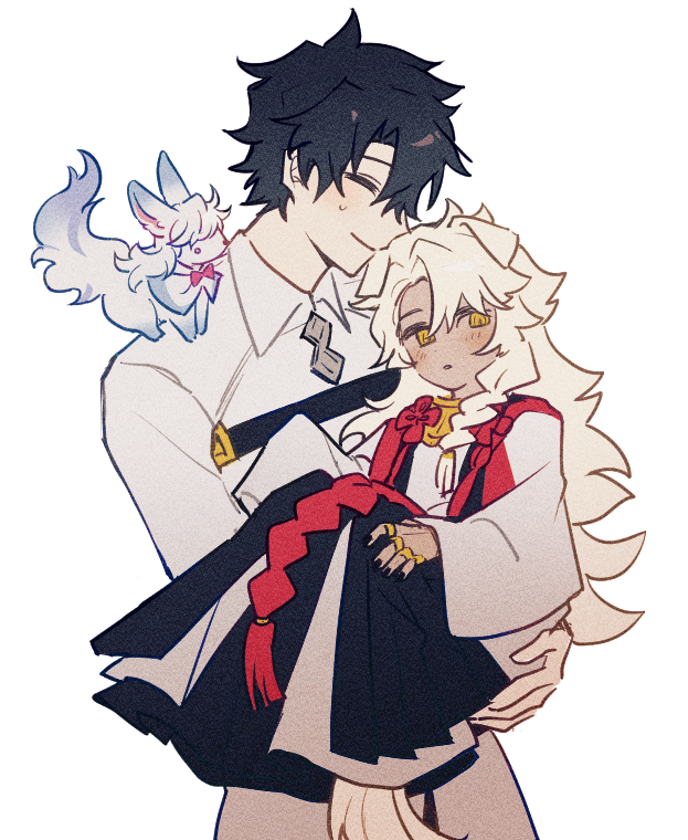 2boys aged_down animal animal_on_shoulder braid carrying carrying_person chaldea_logo chaldea_uniform closed_eyes collared_shirt creature cropped_torso dark-skinned_male dark_skin facing_another fate/grand_order fate_(series) fou fujimaru_ritsuka_(male) full_body jewelry long_hair long_sleeves looking_at_another looking_to_the_side multiple_boys multiple_rings myg_8028 ring shirt short_hair simple_background single_braid smile solomon_(fate) sweatdrop tassel white_background white_hair yellow_eyes