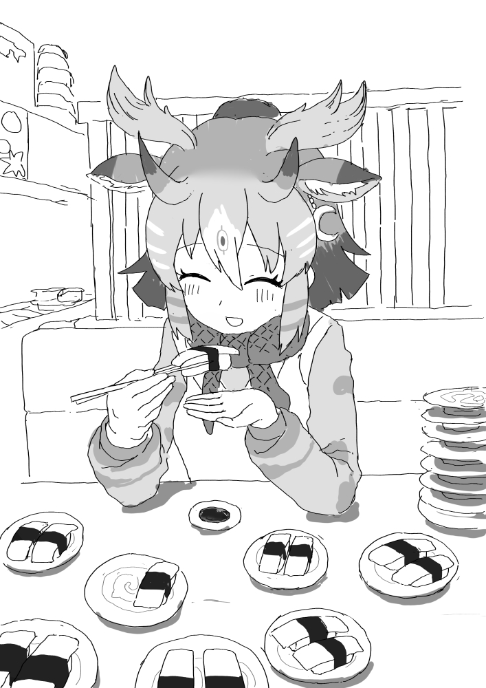 animal_ears bow bowtie earrings eating extra_ears food giraffe_ears giraffe_girl giraffe_horns greyscale hair_between_eyes horns jewelry kemono_friends long_sleeves monochrome plate plate_stack short_hair sitting sivatherium_(kemono_friends) sushi sweater table vest yumeumi_sousaku