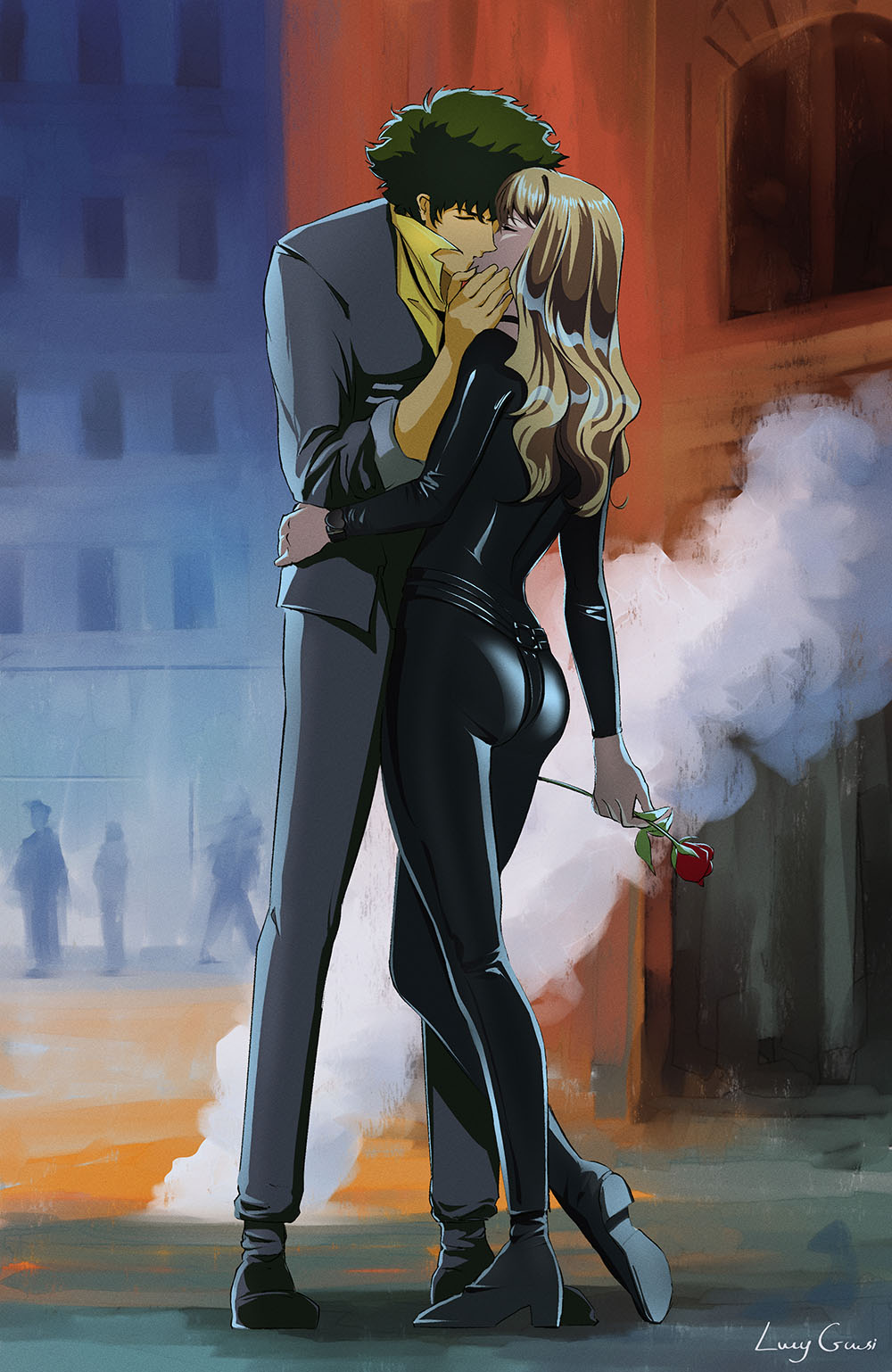 1boy 1girl ass blonde_hair catsuit couple cowboy_bebop curly_hair flower green_hair hetero highres julia_(cowboy_bebop) kiss lucyguusi rose spike_spiegel