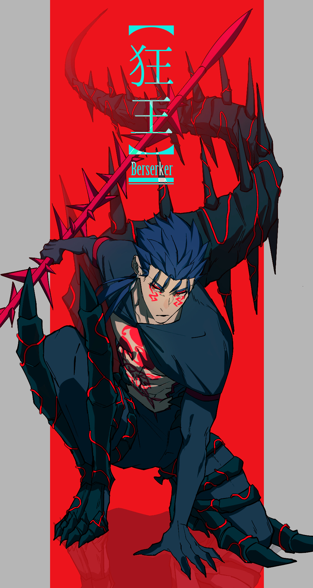 1boy black_pants black_shrug chest_tattoo commentary_request cu_chulainn_(fate) cu_chulainn_alter_(fate) earrings facial_tattoo fate/grand_order fate_(series) highres holding holding_polearm holding_weapon jewelry male_focus on_one_knee pants polearm red_eyes shrug_(clothing) solo spiked_tail stomach_tattoo tail tattoo weapon yanoooh