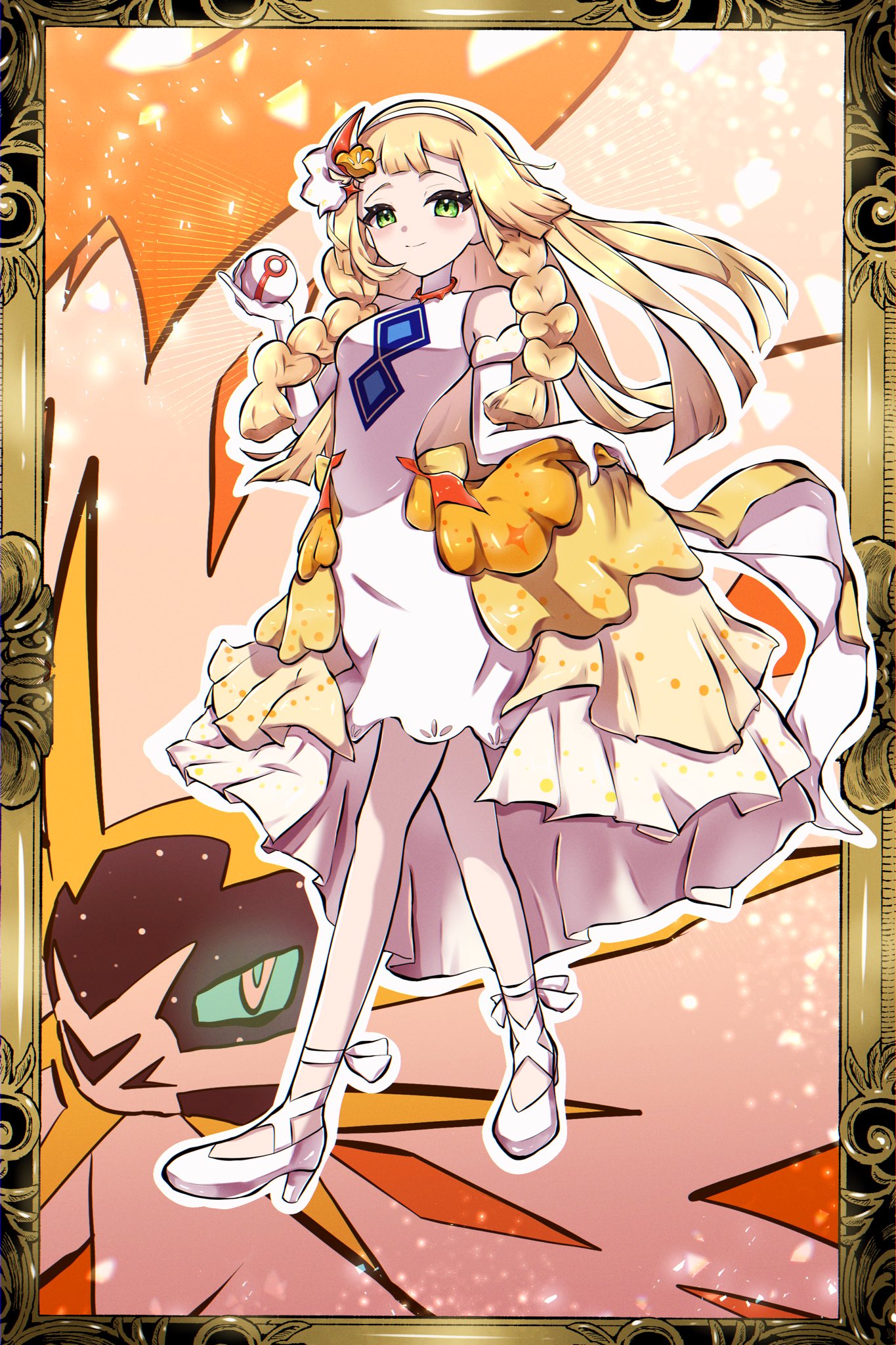 1girl :d bare_shoulders blonde_hair braid dress elbow_gloves full_body gen_7_pokemon gloves green_eyes hairband highres holding holding_poke_ball legendary_pokemon lillie_(anniversary_2024)_(pokemon) lillie_(pokemon) lion long_hair looking_at_viewer nintendo official_alternate_costume open_mouth poke_ball pokemon pokemon_(creature) pokemon_masters_ex premier_ball sino_(pcxg4558) skirt_hold smile solgaleo solo_focus twin_braids twitter_username white_dress white_gloves white_hairband white_high_heels