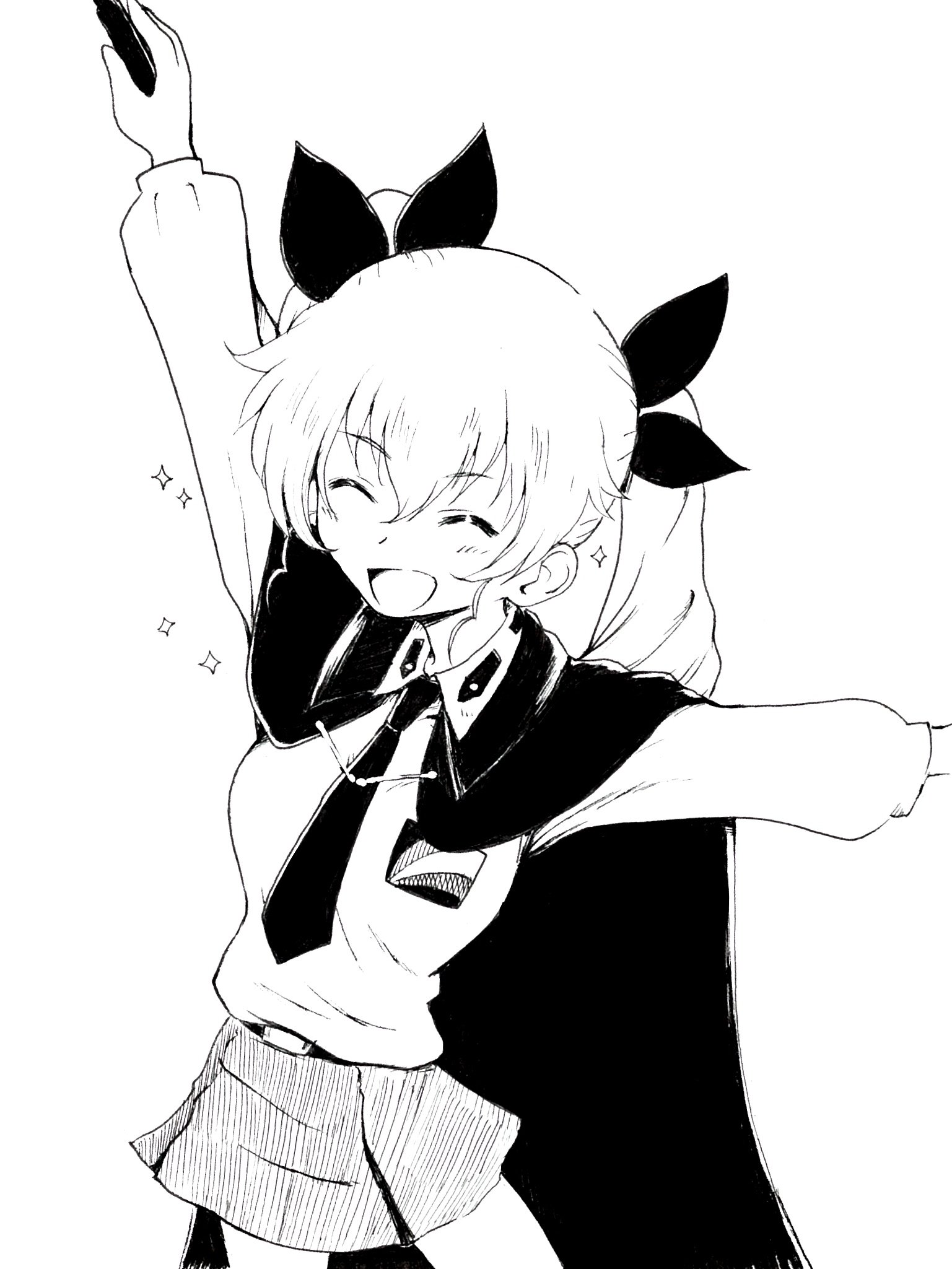 1girl ^_^ anchovy_(girls_und_panzer) anzio_school_uniform black_cape black_nectkie blush cape closed_eyes commentary_request drill_hair girls_und_panzer greyscale hair_between_eyes hair_ribbon highres long_hair monochrome necktie open_mouth outstretched_arms pleated_skirt ribbon riding_crop sawamin school_uniform shirt skirt smile solo sparkle translation_request twin_drills twintails white_background