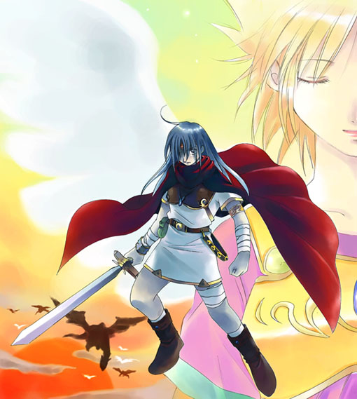 1boy 1girl angel_wings armor blonde_hair blue_hair boots breath_of_fire breath_of_fire_i capcom dragon knee_boots nina_(breath_of_fire_i) nino_(nino_imo) ryu_(breath_of_fire_i) sword weapon white_wings wings