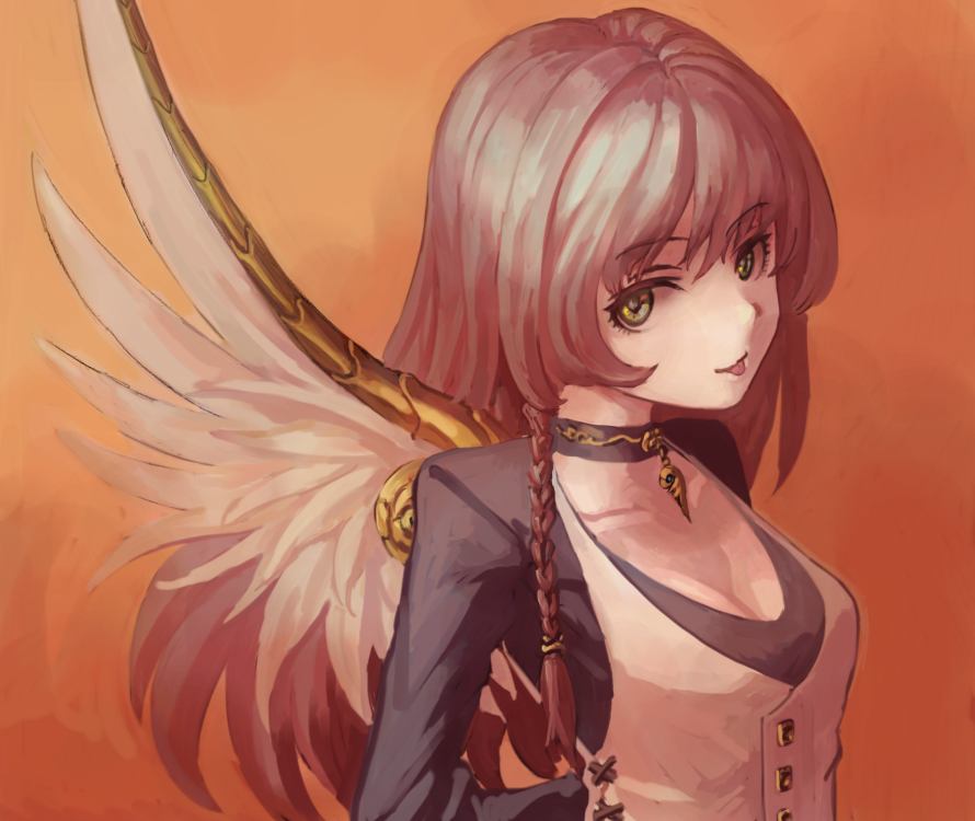 1girl bad_id bad_pixiv_id black_choker braid breasts choker cleavage closed_mouth collarbone eyelashes green_eyes green_pupils long_hair long_sleeves looking_at_viewer medium_breasts orange_background original pink_hair side_braid single_wing smile solo tongue tongue_out vaison vest white_vest white_wings wings