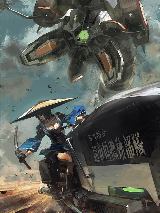1girl arc_system_works black_hair breasts cleavage contra hard_corps:_uprising hat japanese_clothes junny katana mecha realistic riding robot sayuri_(hard_corps) short_hair smoke sword weapon