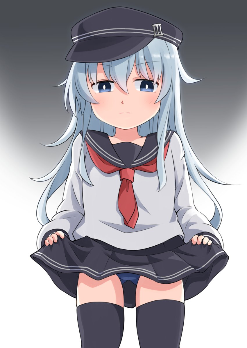 1girl anchor_symbol black_background black_sailor_collar black_thighhighs blue_eyes blush cowboy_shot embarrassed flat_cap gradient_background grey_hair hair_between_eyes hat hibiki_(kancolle) highres kantai_collection long_hair long_sleeves looking_at_viewer neckerchief okitarou_(okiyo) pleated_skirt red_neckerchief sailor_collar school_swimsuit school_uniform serafuku skirt solo swimsuit swimsuit_under_clothes thighhighs white_hair