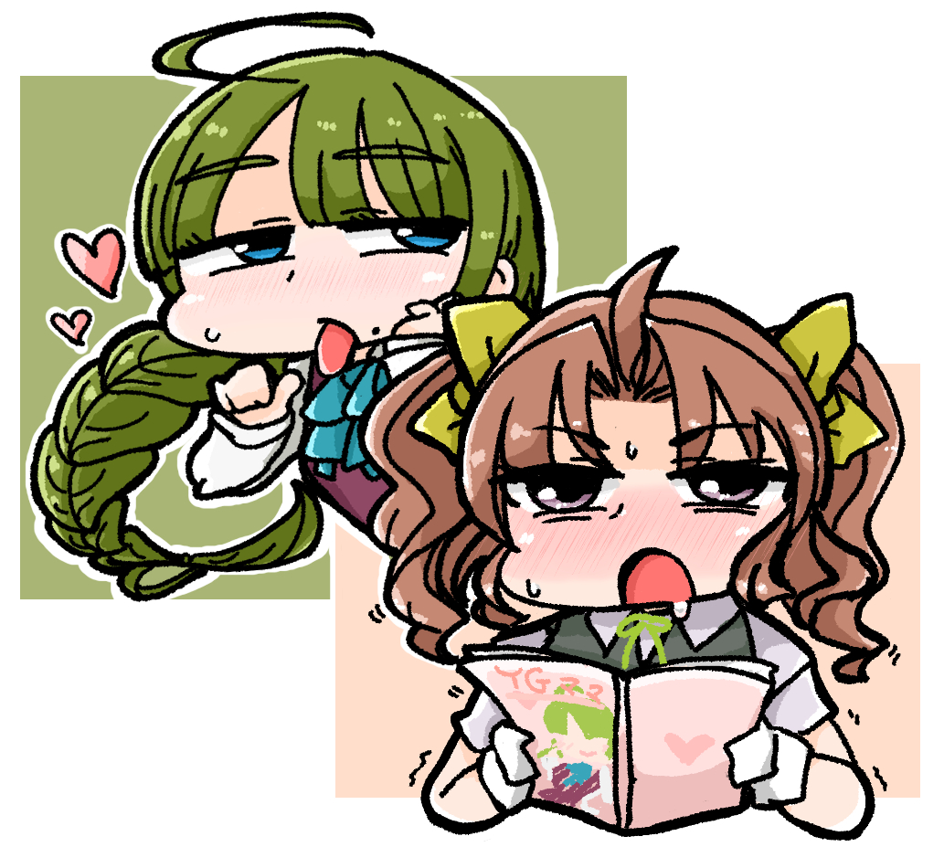 2girls ahoge aqua_bow aqua_bowtie blue_eyes bow bowtie braid brown_eyes collared_shirt commentary_request cyama_land dress_shirt drooling gloves green_hair grey_vest heart kagerou_(kancolle) kantai_collection long_hair manga_(object) mole mole_under_mouth multiple_girls purple_eyes reading ribbon shirt single_braid tongue tongue_out twintails upper_body very_long_hair vest white_gloves white_shirt yellow_ribbon yuugumo_(kancolle)