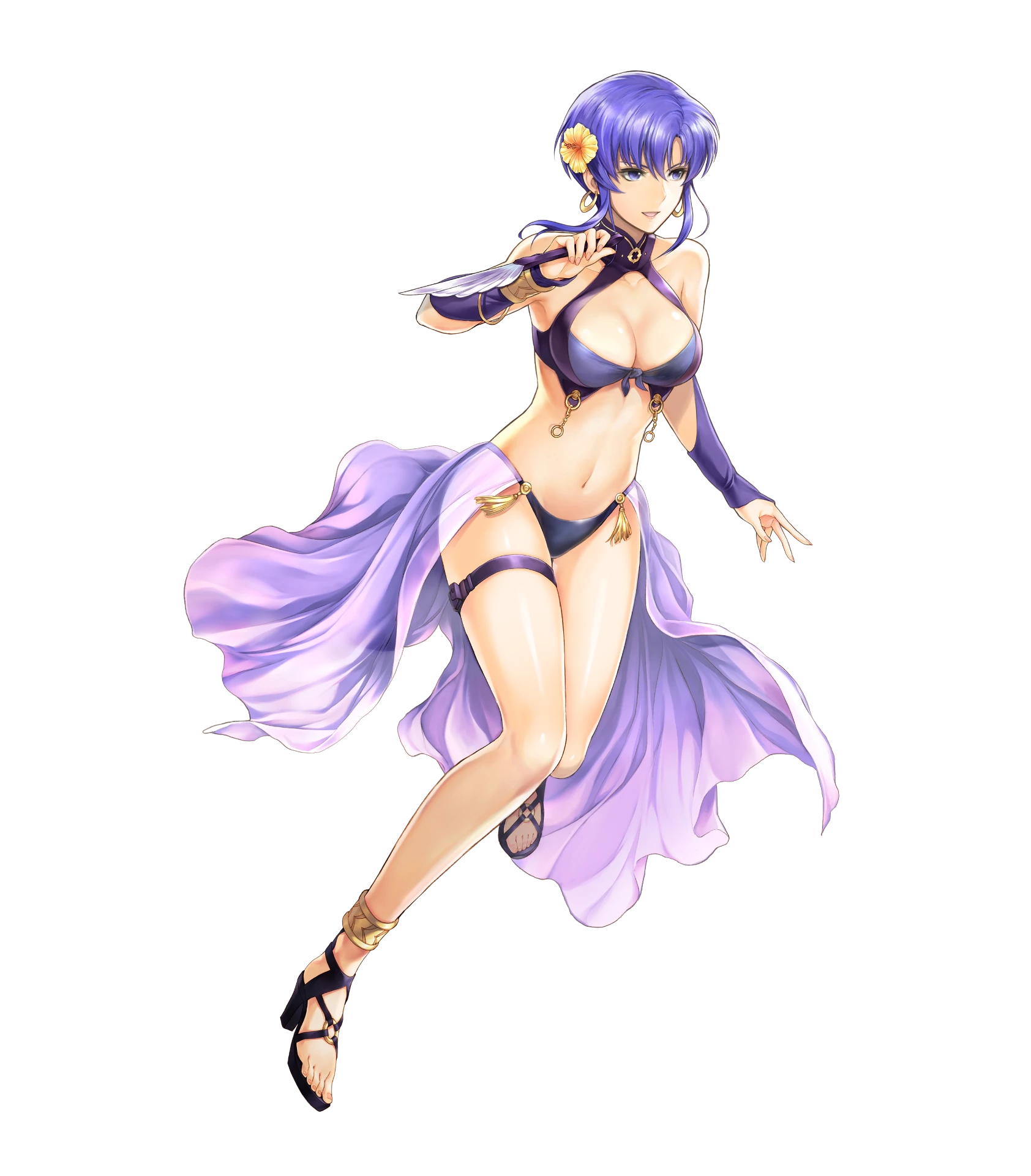 1girl bare_shoulders bikini blue_eyes blue_hair breasts cleavage dagger earrings feet female_focus fire_emblem fire_emblem:_the_blazing_blade fire_emblem_heroes flower full_body hair_flower hair_ornament hibiscus high_heel_sandals high_heels highres holding holding_knife holding_weapon jewelry knife matching_hair/eyes medium_breasts navel nintendo official_art sandals sarong see-through_clothes short_hair solo stomach swimsuit thigh_strap toes transparent_background ursula_(fire_emblem) ursula_(summer)_(fire_emblem) weapon yamada_koutarou