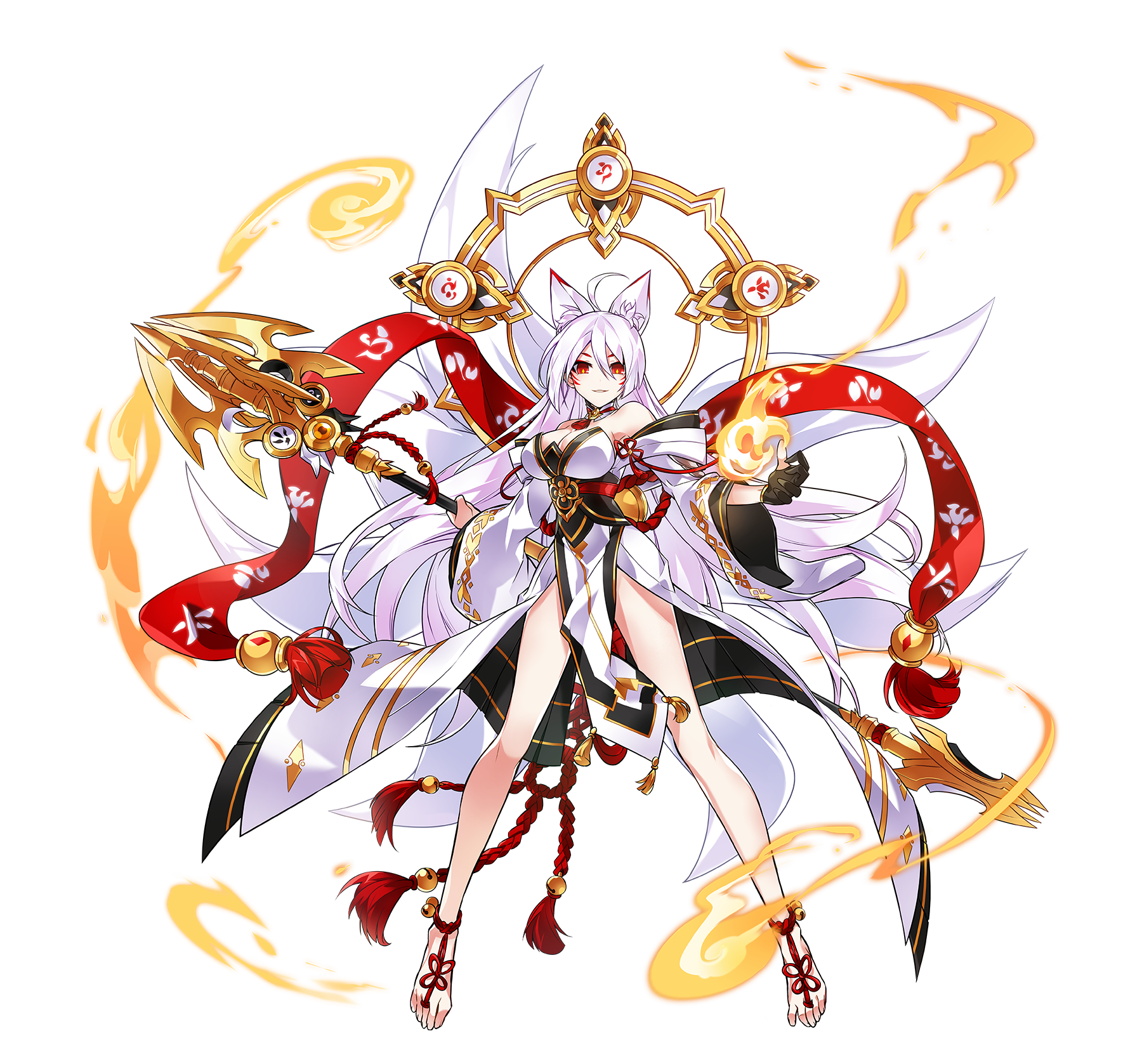 1girl ahoge animal_ear_fluff animal_ears ara_haan barefoot_sandals_(jewelry) black_hair black_kimono breasts bright_pupils cleavage closed_mouth elsword floating_clothes floating_hair flower_knot fox_ears fox_girl fox_tail full_body game_cg glaive_(polearm) hair_between_eyes happy highres holding holding_behind_back holding_polearm holding_weapon holding_weapon_behind_back hwansang japanese_clothes kimono kimono_dress large_breasts legs_apart long_hair long_sleeves looking_at_viewer marking_on_cheek multiple_tails obi off_shoulder official_art pelvic_curtain polearm red_eyes red_ribbon red_shawl ribbon sash second-party_source shakti_(elsword) shawl smile solo standing tachi-e tail tassel toes transparent_background two-sided_fabric very_long_hair weapon white_hair white_kimono white_pupils wide_sleeves yellow_ribbon