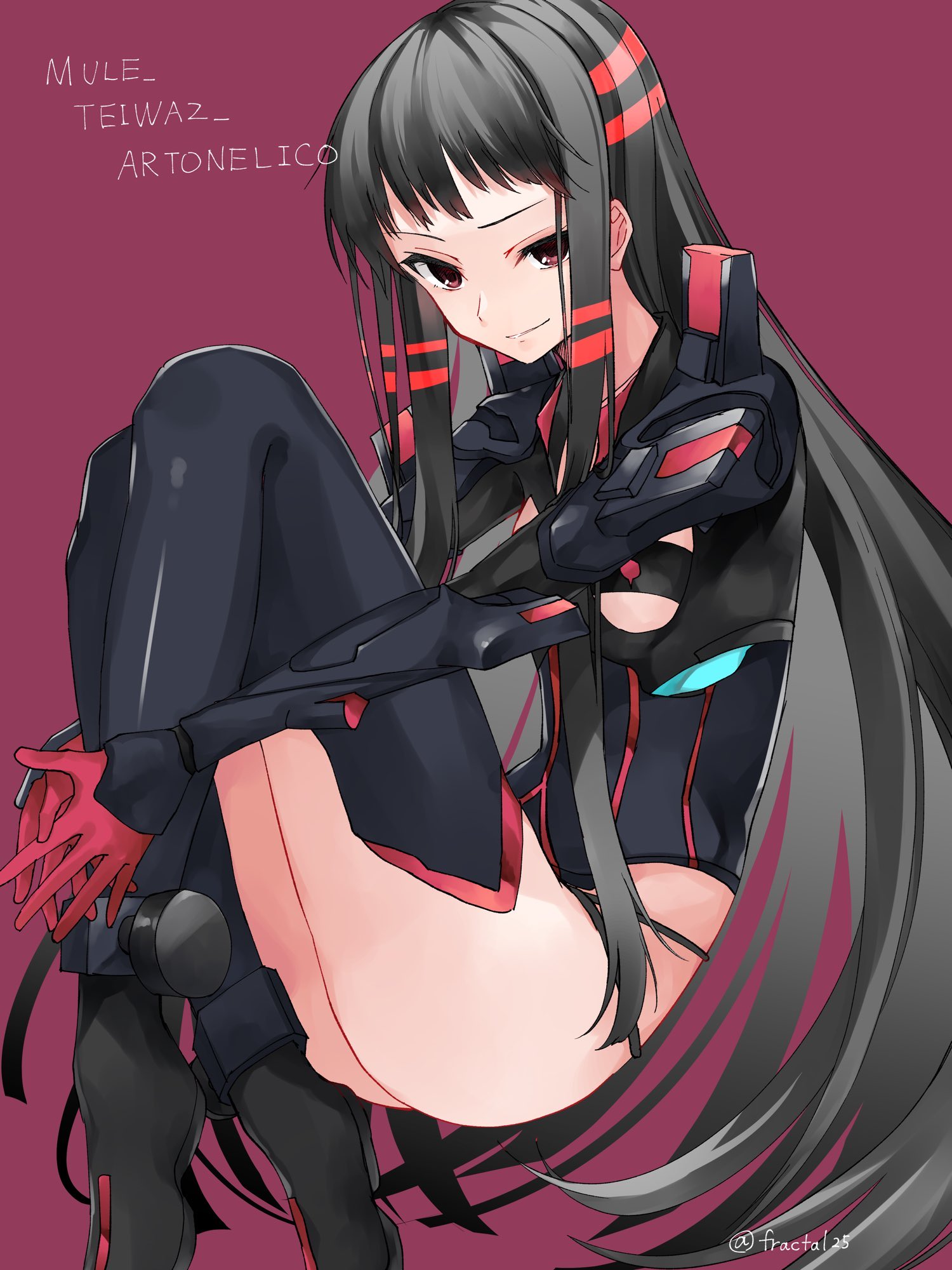 1girl ar_tonelico ar_tonelico_ii black_hair black_leotard boots breasts character_name fractal_(fractal25) gloves highres hugging_own_legs jakuri_(ar_tonelico) leotard long_hair red_background red_eyes red_gloves small_breasts smile thigh_boots twitter_username