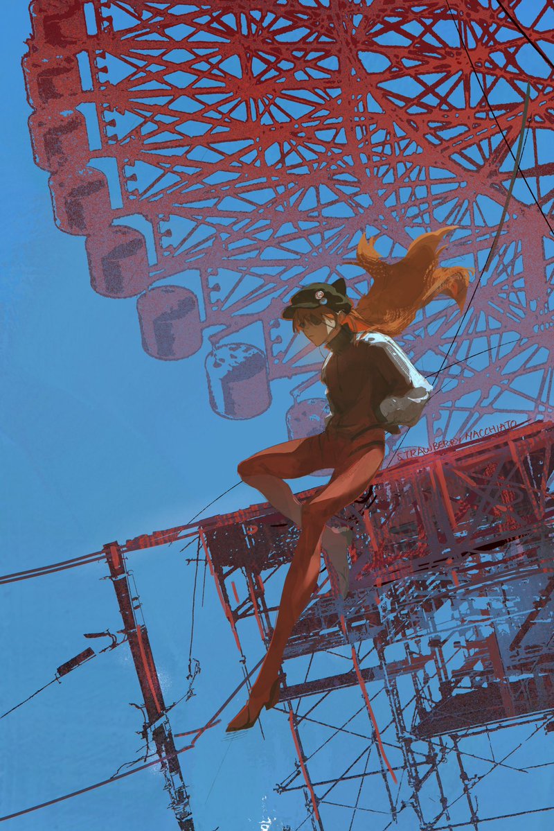 1girl animal_hat black_hat blue_sky boots cat_hat closed_mouth evangelion:_3.0_you_can_(not)_redo eyepatch ferris_wheel floating_hair full_body hair_between_eyes hands_in_pockets hat jacket long_hair long_sleeves neon_genesis_evangelion orange_hair rebuild_of_evangelion red_boots red_jacket sberrymacchiato sky solo souryuu_asuka_langley