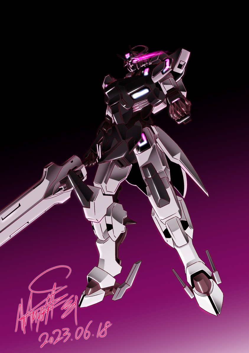 dated eye_trail full_body glowing glowing_eyes gundam gundam_schwarzette gundam_suisei_no_majo holding holding_sword holding_weapon huge_weapon light_trail mecha mecha_focus mobile_suit no_humans purple_background purple_eyes robot science_fiction signature simple_background solo sword weapon zzz_sakaz