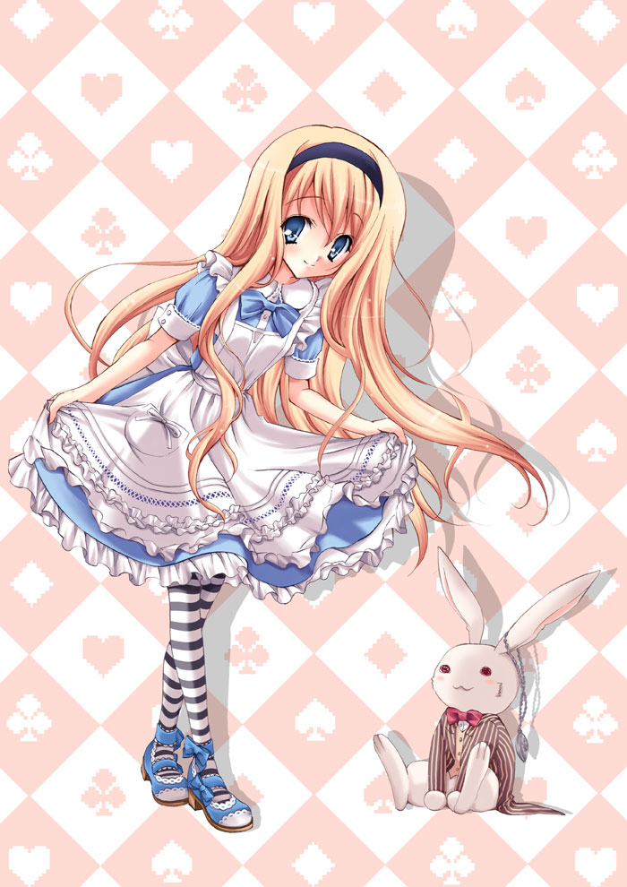 1girl alice_(alice_in_wonderland) alice&#039;s_adventures_in_wonderland apron argyle_background argyle_clothes black_&amp;_white blonde_hair blue_dress blue_eyes bow club_(shape) crossed_legs curtsey diamond_(shape) diamonds dress female_focus hairband heart lolita_fashion long_hair mary_janes pantyhose patterned_legwear pocket_watch shoes skirt_hold smile solo spade_(shape) standing striped_clothes striped_pantyhose stuffed_animal stuffed_rabbit stuffed_toy sweet_lolita tareme watch watson_cross white_rabbit_(alice_in_wonderland) yukiwo