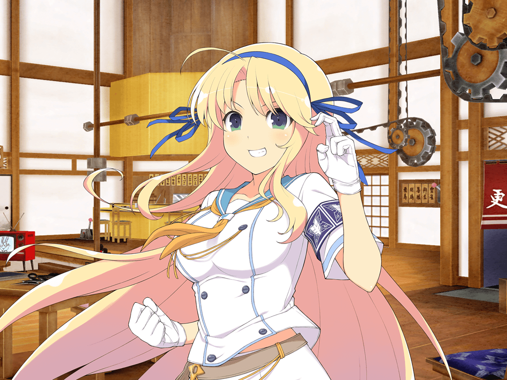 1girl architecture armband ascot belt belt_pouch blonde_hair blue_armband blue_necktie blue_ribbon blue_sailor_collar blush breast_pocket breasts brown_belt buttons chair clenched_hand collarbone crt double-breasted east_asian_architecture gears gloves green_eyes hair_ribbon hanzou_academy_school_uniform indoors katsuragi_(senran_kagura) kunai large_breasts long_hair looking_at_viewer miniskirt necktie ninto_(senran_kagura) official_art orange_ascot pleated_skirt pocket pouch ribbon sailor_collar school_uniform senran_kagura senran_kagura_new_link senran_kagura_shoujo-tachi_no_shin&#039;ei serafuku shirt short_sleeves shouji shuriken sidelocks skirt sliding_doors smile smirk solo table teeth television very_long_hair weapon white_gloves white_serafuku white_shirt wooden_chair wooden_floor wooden_table yaegashi_nan