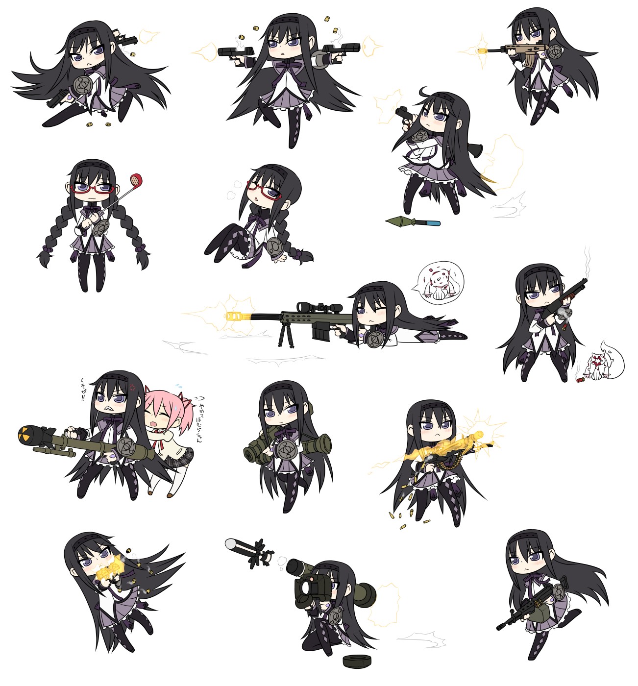 .50_action-express 10s 2girls 7.62x51mm_nato akemi_homura akemi_homura_(magical_girl) ammunition ammunition_belt anger_vein anti-materiel_rifle anti-tank_guided_missile anti-tank_missile artillery assault_rifle at4 barrett_m82 bipod black_hair braid bullet casing_ejection chibi cocking_gun commentary_request crew-served_weapon davy_crockett_(nuclear_weapon) desert_eagle dual_wielding e338_davy_crockett fgm-148_javelin firing fn_scar fully_powered_cartridge glasses golf_club gun gunkata hairband handgun handgun_cartridge hazard_symbol high-explosive_anti-tank_(warhead) highres holding homu ithaca_m37 jon_henry_nam kaname_madoka kyubey left-handed light_machine_gun lmg_cartridge long_hair looking_through_scope m13_link m249_saw m28/m29_davy_crockett machine_gun madoka_runes magical_girl magnum_cartridge mahou_shoujo_madoka_magica mahou_shoujo_madoka_magica_(anime) man-portable_anti-tank_systems mg3 military_cartridge missile missile_launcher move_chart multiple_girls muzzle_flash nuclear_artillery nuclear_weapon pantyhose pistol pistol_cartridge precision-guided_munition pump_action radiation_symbol recoilless_gun red-framed_eyewear rifle rifle_cartridge rocket-propelled_grenade rocket_(projectile) rocket_launcher rpg rpg-7 rpg_(weapon) scope shell_casing shotgun shoulder-fired_missile smoke smoking_barrel sniper_rifle translation_request twin_braids weapon weapon_of_mass_destruction