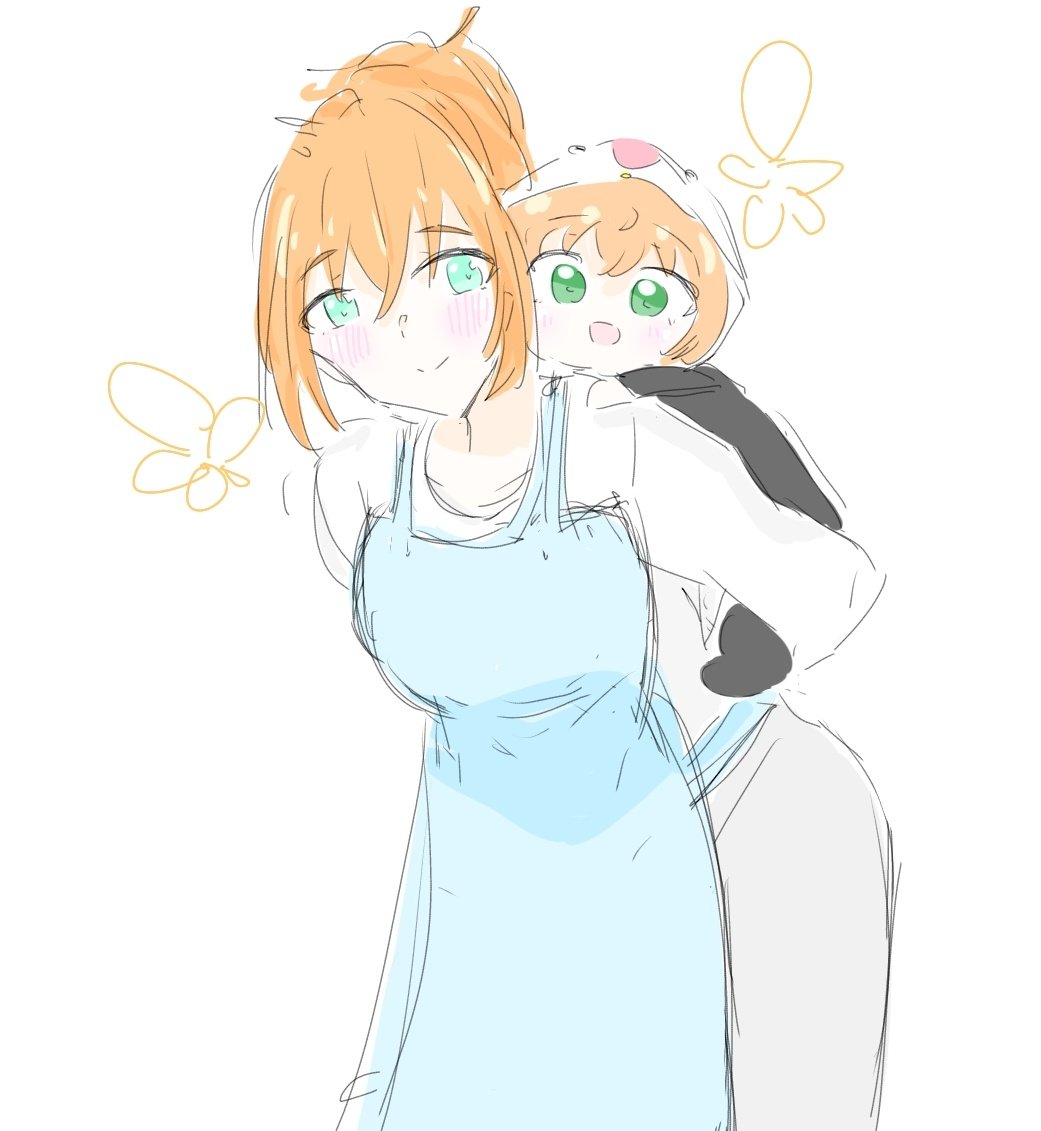2girls :d apron aqua_eyes bird_costume blue_apron blush breasts carrying child commentary_request cowboy_shot crossed_bangs green_eyes grey_pants hair_between_eyes hinoshita_kaho if_they_mated ips_cells large_breasts leaning_forward link!_like!_love_live! long_sleeves love_live! medium_hair mother_and_daughter multiple_girls open_mouth orange_hair otomune_hinata_(soora0202) pants piggyback ponytail shirt simple_background sketch smile soora0202 tsuru_(love_live!) virtual_youtuber white_background white_shirt