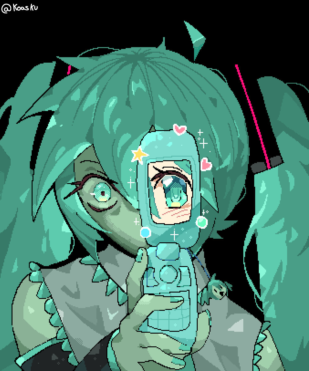 1girl aqua_eyes aqua_hair black_background black_sleeves blush cellphone cellphone_charm charm_(object) collared_shirt commentary detached_sleeves english_commentary flip_phone grey_shirt hatsune_miku heart highres holding holding_phone koasku long_sleeves looking_at_viewer phone pixel_art portrait revealing_layer shirt simple_background sleeveless sleeveless_shirt solo twintails twitter_username vocaloid