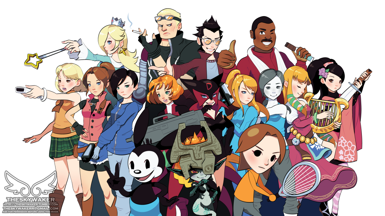 4boys 6+girls ashley_graham black_hair blonde_hair blouse blush bob_cut capcom claire_redfield crossover dark-skinned_female dark_skin disney doc_louis doronjo energy_sword epic_mickey goggles grasshopper_manufacture harp instrument jack_cayman jacket japanese_clothes kimono long_hair looking_at_viewer madworld mario_(series) mask metroid mickey_mouse_&_friends midna mii_(nintendo) momohime multiple_boys multiple_girls nintendo no_more_heroes oboro_muramasa omokane_saki onimusha_soul orange_shirt oswald_the_lucky_rabbit platinumgames ponytail princess_zelda punch-out!! quiz_nanairo_dreams resident_evil resident_evil_2 resident_evil_4 rosalina samus_aran sega shirt short_hair shorts skirt sleeveless sleeveless_turtleneck smile standing sunglasses super_mario_galaxy super_smash_bros. sword tatsunoko_vs_capcom the_legend_of_zelda the_legend_of_zelda:_skyward_sword the_legend_of_zelda:_twilight_princess thumbs_up time_bokan_(series) travis_touchdown turtleneck v weapon wii_fit wii_fit_trainer wii_fit_trainer_(female) yatterman zero_suit
