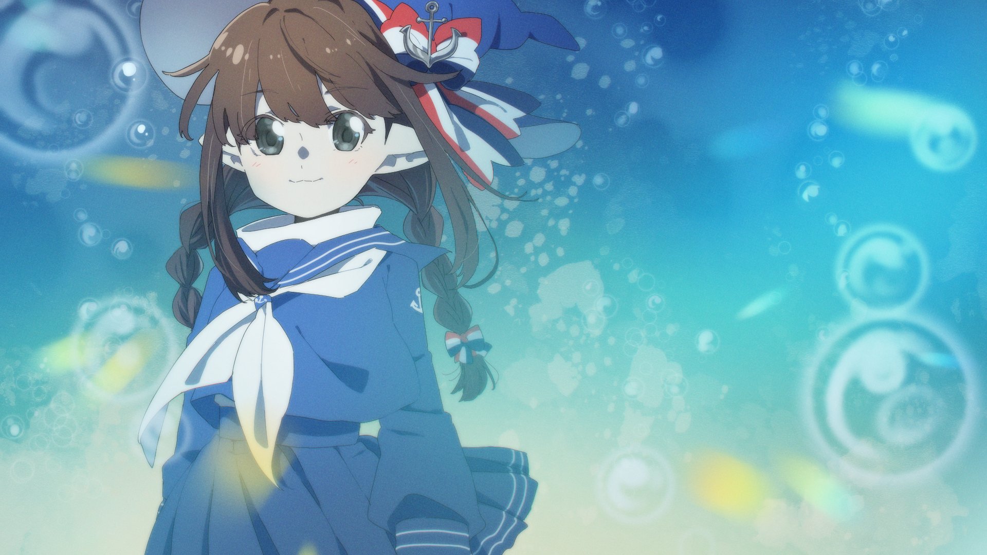 1girl :3 blue_bow blue_hat blue_sailor_collar blue_shirt blue_skirt bow braid brown_hair bubble closed_mouth colored_skin funamusea grey_eyes hat hat_bow highres long_hair long_sleeves looking_at_viewer melonenbrot multicolored_bow neckerchief oounabara_to_wadanohara pleated_skirt pointy_ears red_bow sailor_collar shirt skirt solo twin_braids upper_body wadanohara white_bow white_neckerchief white_skin witch_hat