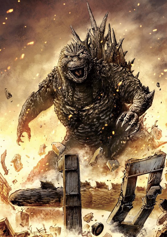 claws debris destruction dinosaur embers explosion fire giant giant_monster godzilla godzilla_(series) godzilla_minus_one kaiju looking_at_viewer monster motor_vehicle nishikawa_shinji no_humans official_art open_mouth rubble sharp_teeth smoke spikes tail teeth toho tongue truck wheel yellow_eyes