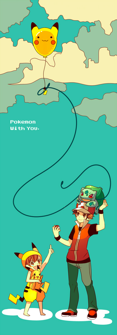 2boys brown_hair bulbasaur character_balloon commentary_request english_text full_body gen_1_pokemon grey_pants himari_g_(sr) jacket multiple_boys nintendo on_head open_mouth pants pikachu pointing poke_ball poke_ball_(basic) poke_kid_(pokemon) pokemon pokemon_(creature) pokemon_frlg pokemon_on_head red_(pokemon) red_jacket short_sleeves