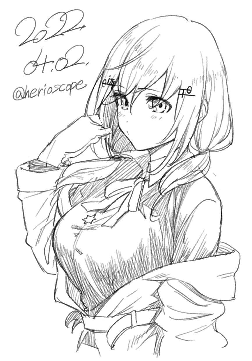 1girl breasts closed_mouth commentary_request dated greyscale hand_up herio highres large_breasts medium_hair monochrome neck_ribbon off_shoulder original ribbon signature simple_background sketch solo twitter_username white_background