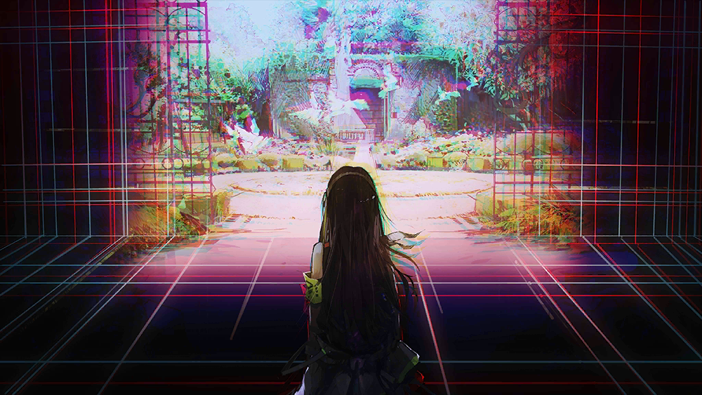 1girl armband bird black_hair chromatic_aberration clothes_around_waist cyberspace day flock from_behind game_cg garden gate girls&#039;_frontline green_armband green_hair hairband infukun jacket jacket_around_waist long_hair m4a1_(girls&#039;_frontline) multicolored_hair official_art patio patio_swing plant sleeveless solo spoilers streaked_hair very_long_hair vines