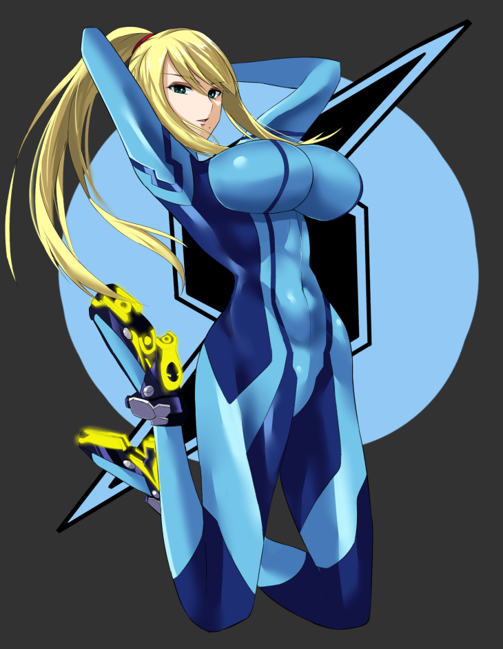 1girl abs arms_up blonde_hair bodysuit breasts eyebrows_hidden_by_hair full_body green_eyes hair_between_eyes jumping legs_up long_hair metroid nintendo ponytail samus_aran skin_tight solo stomach takara_joney