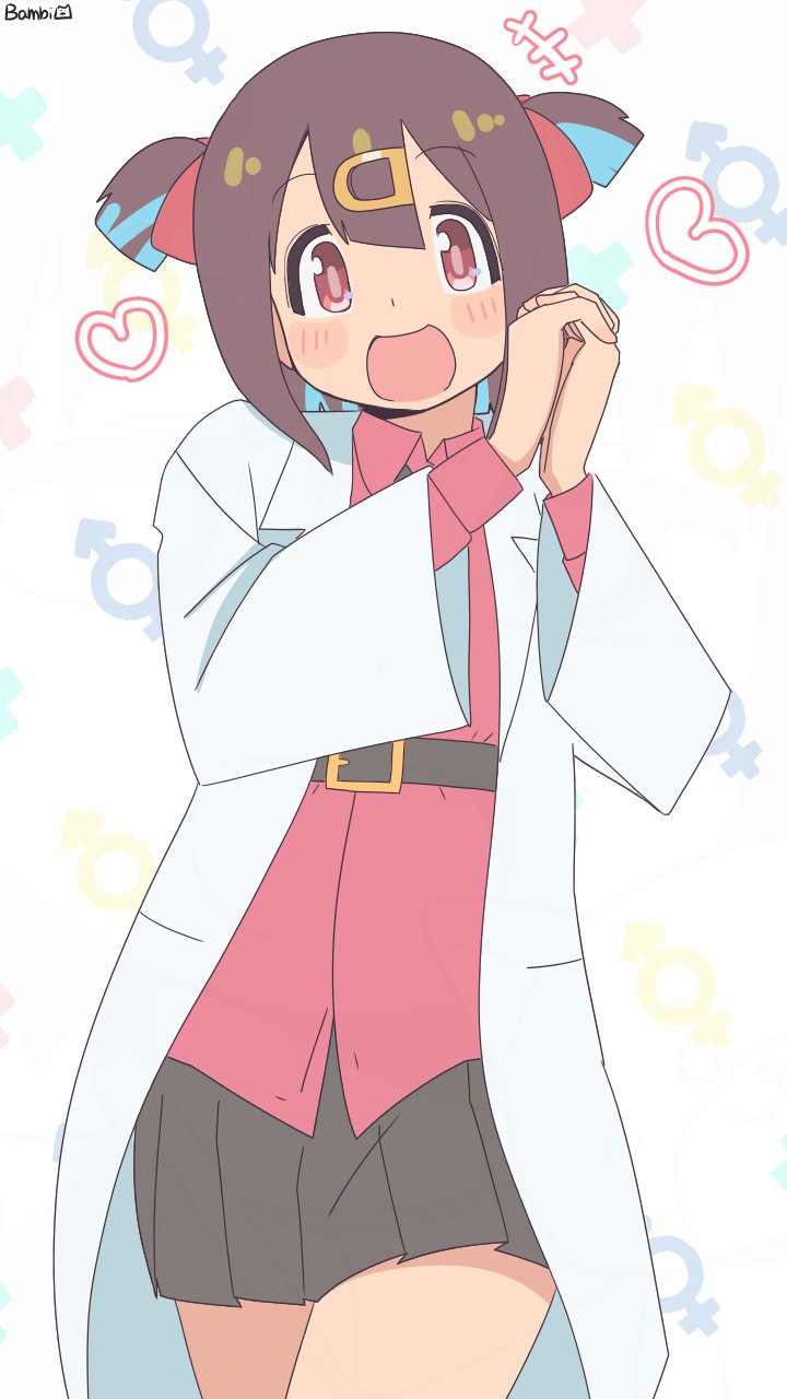 1girl :d alternate_hairstyle artist_name bambi2000line belt black_skirt blue_hair blush_stickers brown_eyes brown_hair commentary cosplay cowboy_shot dot_nose hair_between_eyes hair_ornament hairclip heart highres long_sleeves looking_at_viewer male-female_symbol miniskirt multicolored_hair onii-chan_wa_oshimai! open_mouth own_hands_clasped own_hands_together oyama_mihari oyama_mihari_(cosplay) pleated_skirt red_shirt shirt short_hair short_twintails simple_background skirt smile solo twintails two-tone_hair untucked_shirt white_background wing_collar