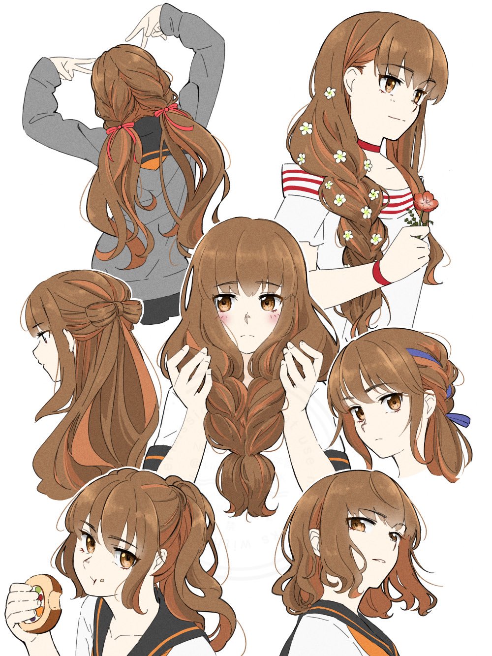 1girl alternate_hair_length alternate_hairstyle blush braid braided_ponytail brown_eyes brown_hair eating fate/extra fate/extra_ccc fate/grand_order fate_(series) flower food hair_flower hair_ornament hair_over_shoulder hair_ribbon half_updo highres holding holding_flower holding_food kinishinaide_uk kishinami_hakuno_(female) kishinami_hakuno_(female)_(mooncancer) long_hair looking_at_viewer low_twin_braids multiple_views ribbon school_uniform short_hair simple_background single_braid smile solo_focus twin_braids white_background