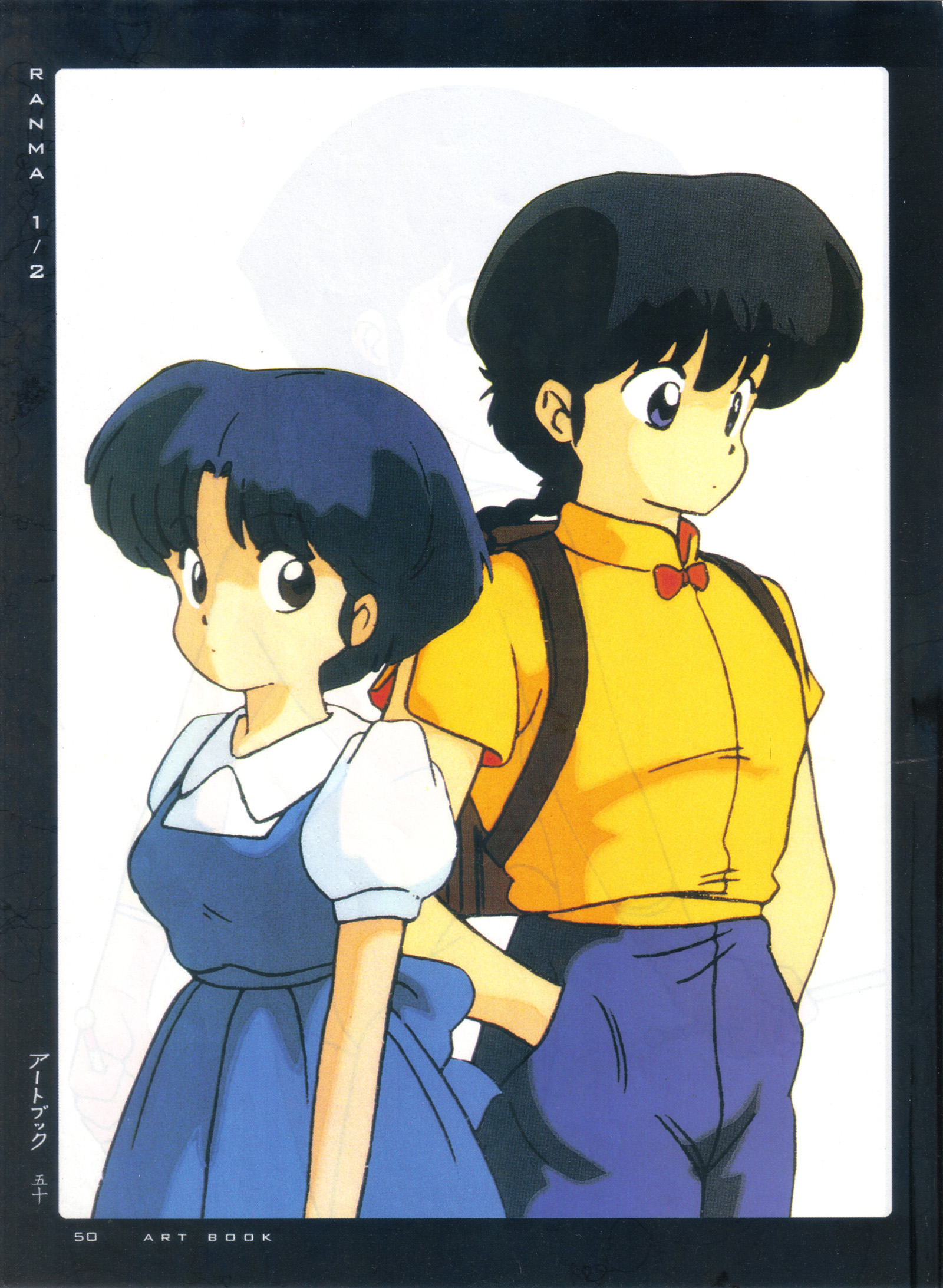 1boy 1girl backpack bag black_hair blue_hair bow braid braided_ponytail breasts brown_bag fuurinkan_high_school_uniform hands_in_pockets highres official_art ranma_1/2 red_bow retro_artstyle saotome_ranma school_uniform short_hair tendou_akane