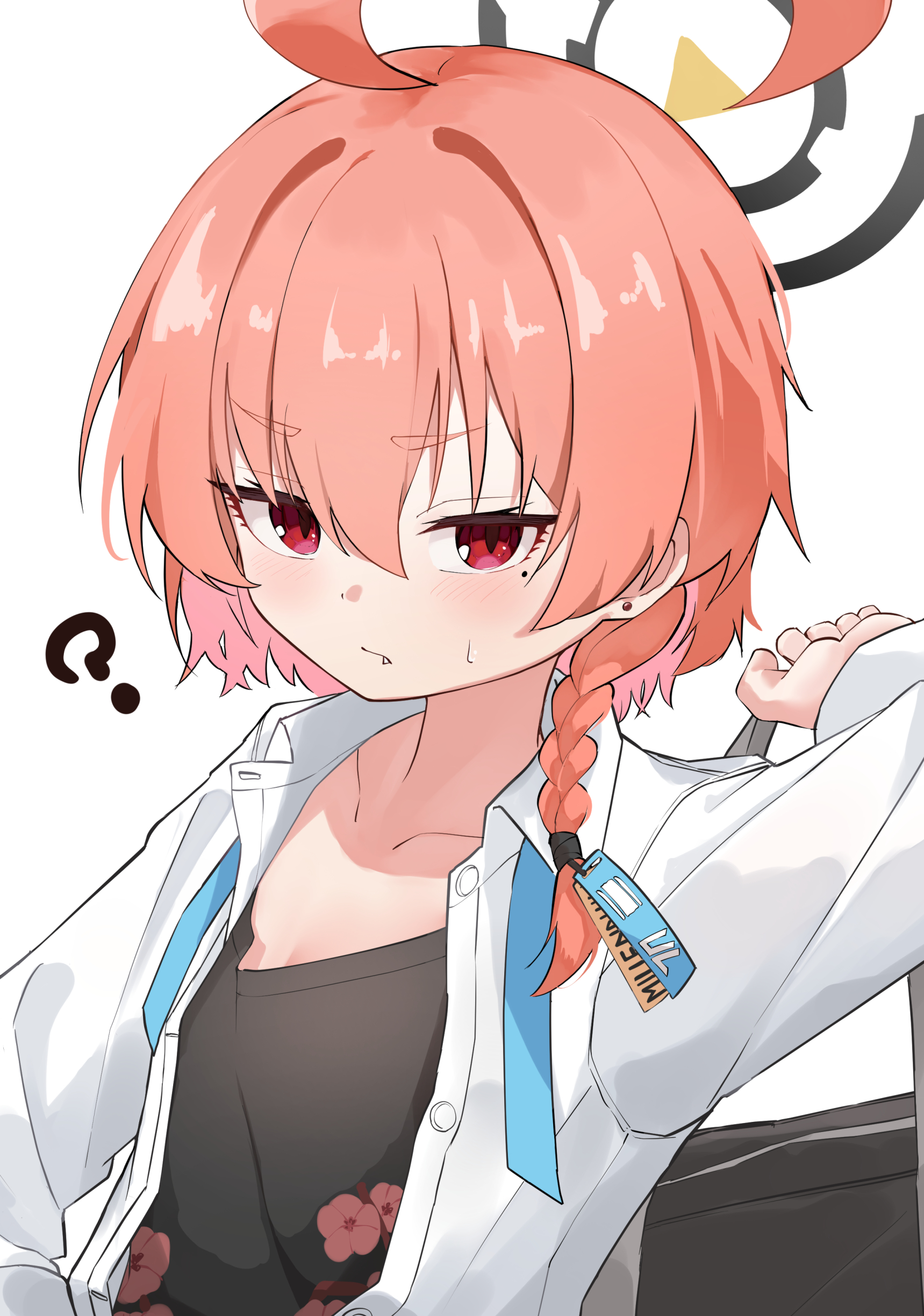 1girl :/ ? absurdres ahoge bag black_halo black_shirt blue_archive blue_necktie blush braid closed_mouth collarbone collared_shirt commentary_request earrings eyelashes fang flat_chest frown hair_between_eyes halo hand_up highres holding holding_bag huge_ahoge id_card jewelry looking_at_viewer mole mole_under_eye necktie neru_(blue_archive) neru_(school_uniform)_(blue_archive) official_alternate_costume orange_hair osmium-76 red_eyes school_uniform shirt short_hair simple_background single_braid slit_pupils solo stud_earrings thick_eyebrows tsurime upper_body v-shaped_eyebrows white_background white_shirt