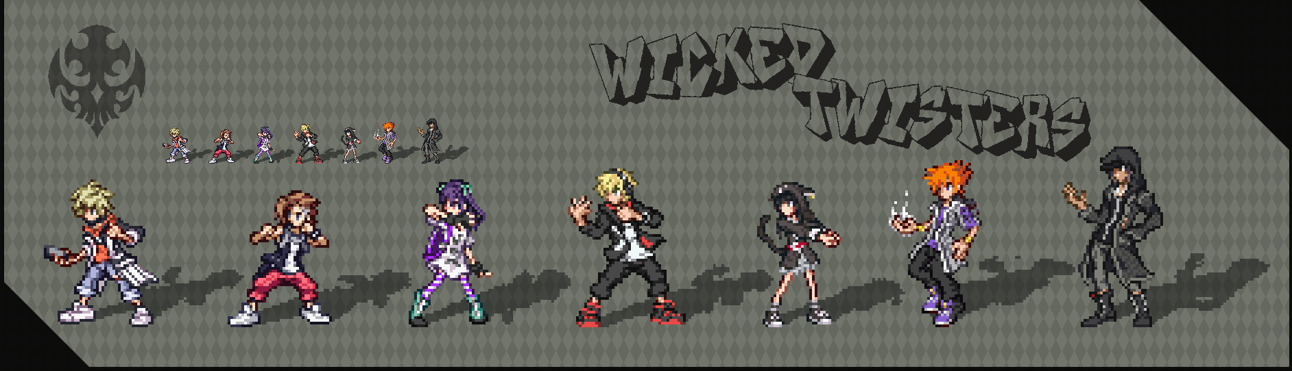 2girls 5boys animal_ears animal_hood baseball_cap belt bito_daisukenojo black_coat black_gloves black_hair black_hoodie black_vest blonde_hair brown_hair cat_ears cat_hood cat_tail cellphone coat dark-skinned_male dark_skin denim english_text fake_animal_ears fake_tail fingerless_gloves furesawa_tousai gloves glowing glowing_hand hat headphones highres holding holding_phone hood hoodie jeans kanade_rindou long_coat long_hair minamimoto_sho multiple_boys multiple_girls orange_hair orange_hoodie pants phone pixel_art plaid_clothes plaid_pants purple_hair purple_shirt red_pants sakuraba_neku sakurane_shouka shin_subarashiki_kono_sekai shirt smartphone spiked_hair sprite striped_clothes striped_thighhighs subarashiki_kono_sekai sweatpants tail thighhighs usui_nagi vest white_footwear white_shirt wristband