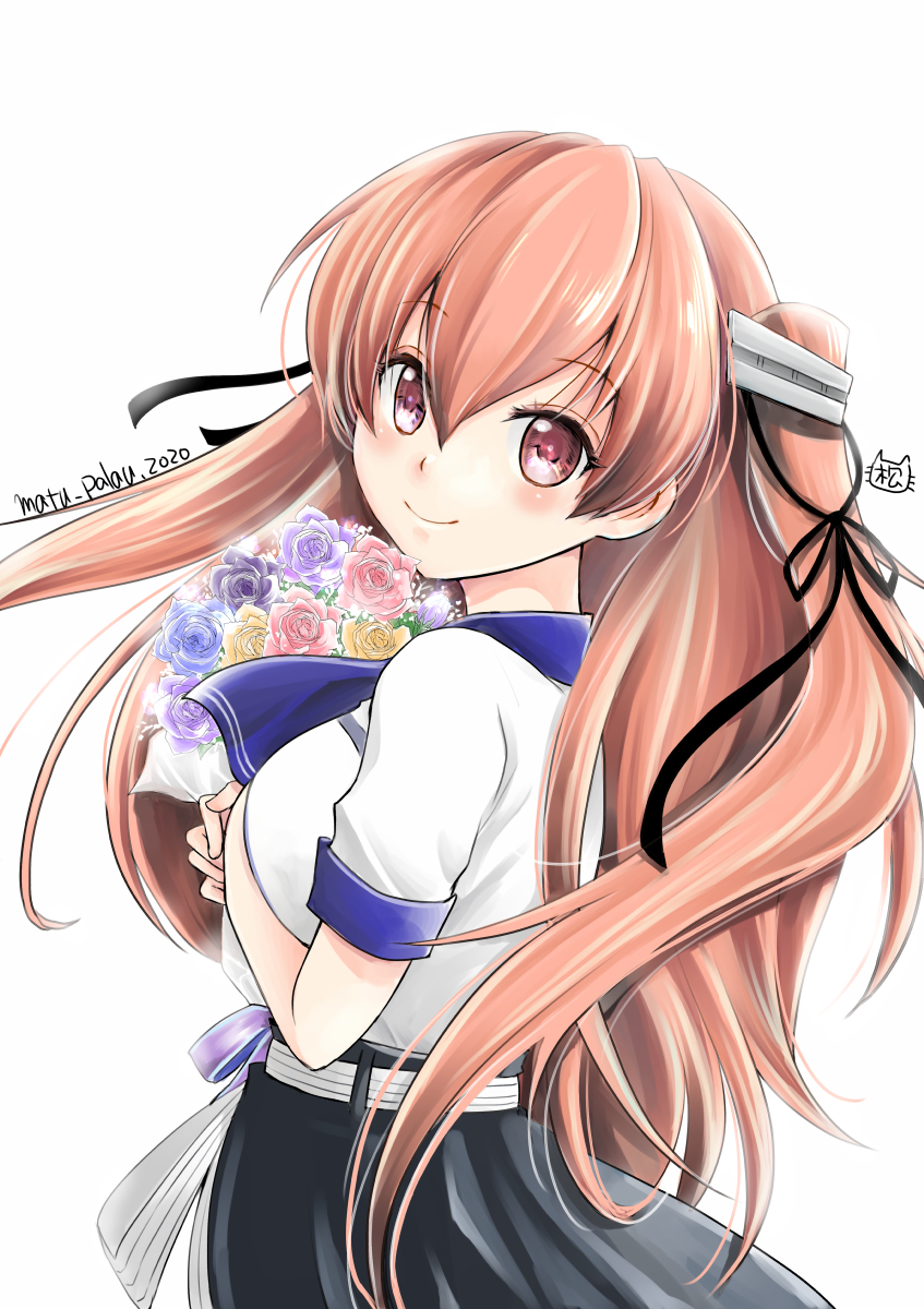 1girl black_skirt breasts brown_eyes cowboy_shot female_focus flower hair_ribbon highres johnston_(anniversary)_(kancolle) johnston_(kancolle) kantai_collection light_brown_hair long_hair long_skirt looking_at_viewer looking_back matsuura@parao medium_breasts neckerchief one-hour_drawing_challenge pantyhose ribbon shirt skirt solo two_side_up white_ribbon white_shirt