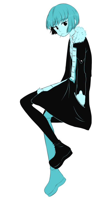 1girl aqua_theme blue_theme bob_cut boots coat corpsentry female_focus from_side full_body fur_trim gintama hand_in_pocket image_sample knee_up long_sleeves looking_at_viewer md5_mismatch monochrome mouth_hold mutsu_(gintama) pants resized short_hair simple_background solo thigh_boots thighhighs tumblr_sample white_background
