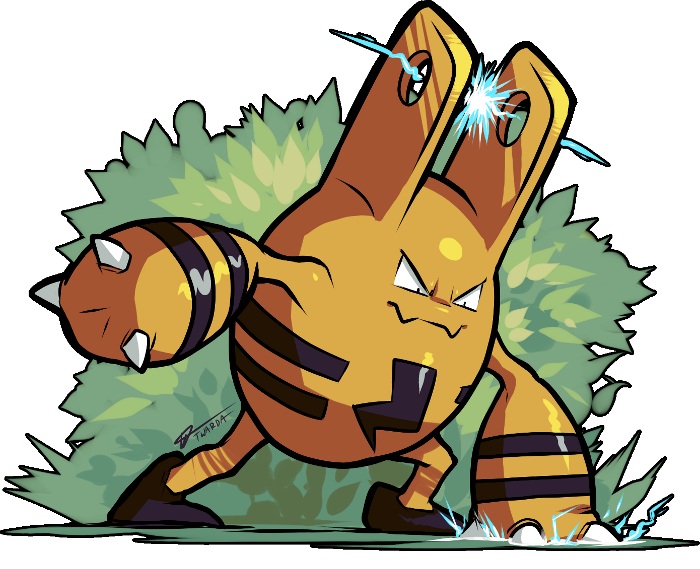 angry black_eyes bush claws commentary electricity elekid full_body furrowed_brow gen_2_pokemon looking_away looking_down nintendo no_humans pokemon pokemon_(creature) pokemon_focus pokemon_gsc signature solo transparent_background twarda8